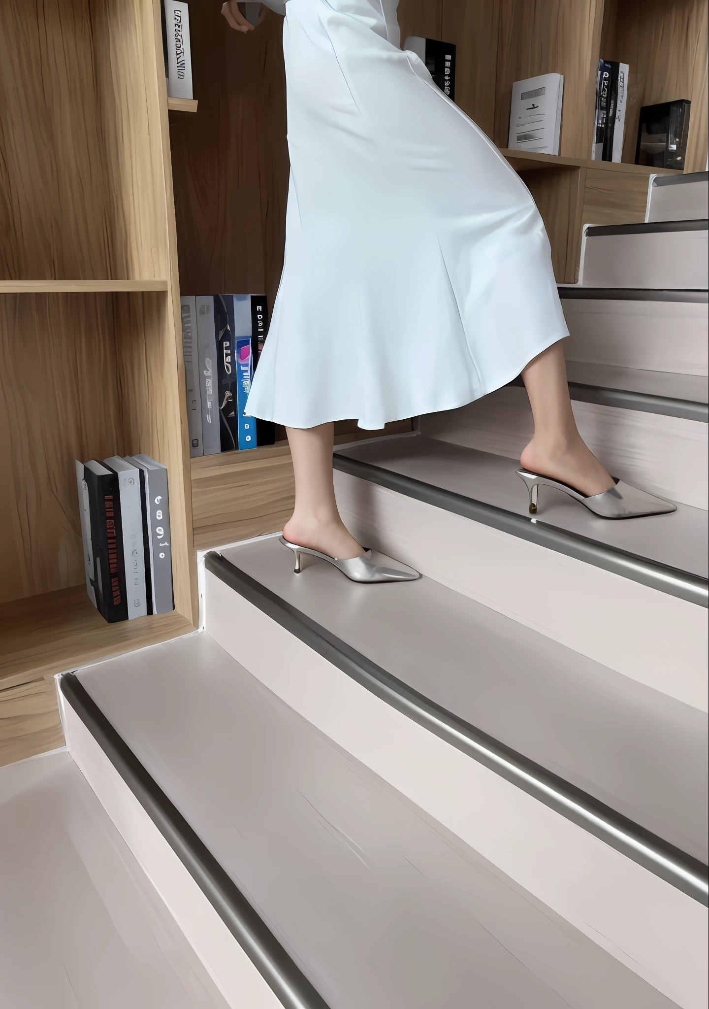 There was a woman walking up the stairs in a dress, coming down the stairs, stairways, 9 0 mm, 90mm, Stairs and bookshelves, side view of her taking steps, 🕹️ 😎 🚬, 70 mm, 70mm, 7 0 mm, Wooden stairs, stairs to the second floor, stainless steal, 4 0 mm
