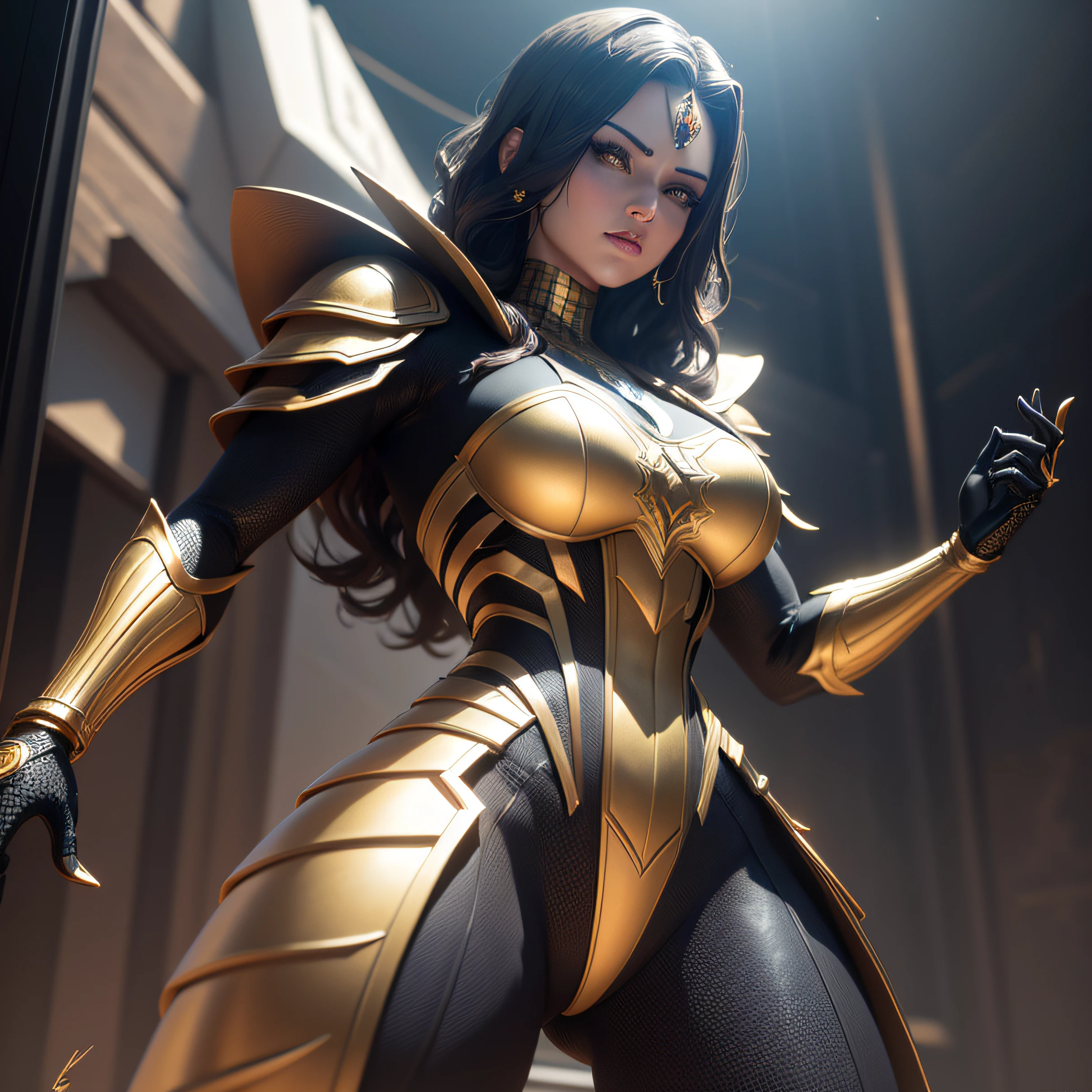 a closeup of a statue of a woman in a gold and black costume, render super detalhado, 3 d render character art 8 k, intrincada armadura branca e dourada, full samurai armor spiderman, Iconic character of high detail, 8k render", octane render ", octane render", super detalhado octane render, super render em octanagem render, hiper detalhado 3 d render, Estilo futurista Homem-Aranha --auto