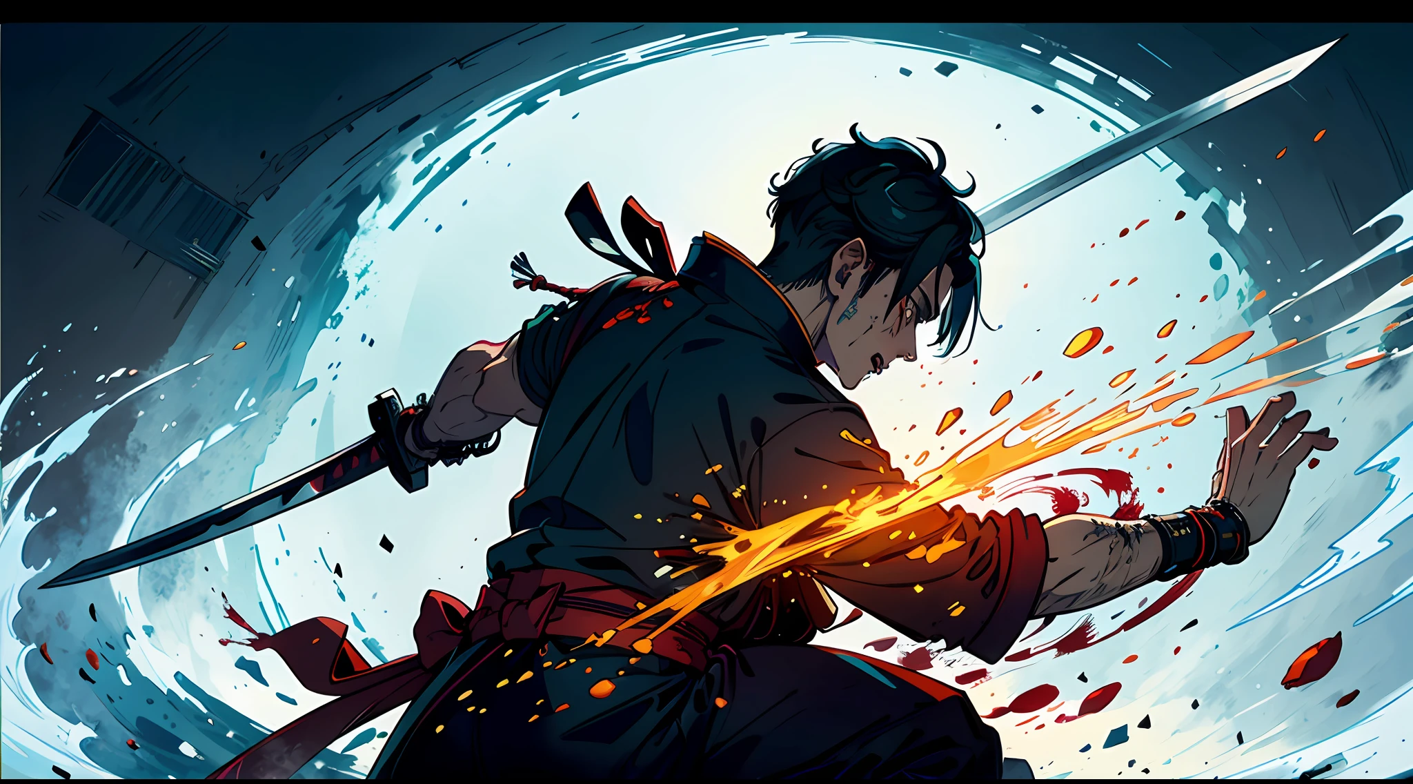 A masterpiece illustration of 2 samurai dueling,  one samurai is cutting the other in half, blood gushing from wounds, best quality, cinematic lighting, samurai dealing killing blow with his katana, extremely detailed CG unity, viewed from behind, looking back, katana slicing through body, blood flowing freely, armored samurai, determined expression, dynamic angle, 8k, 16k