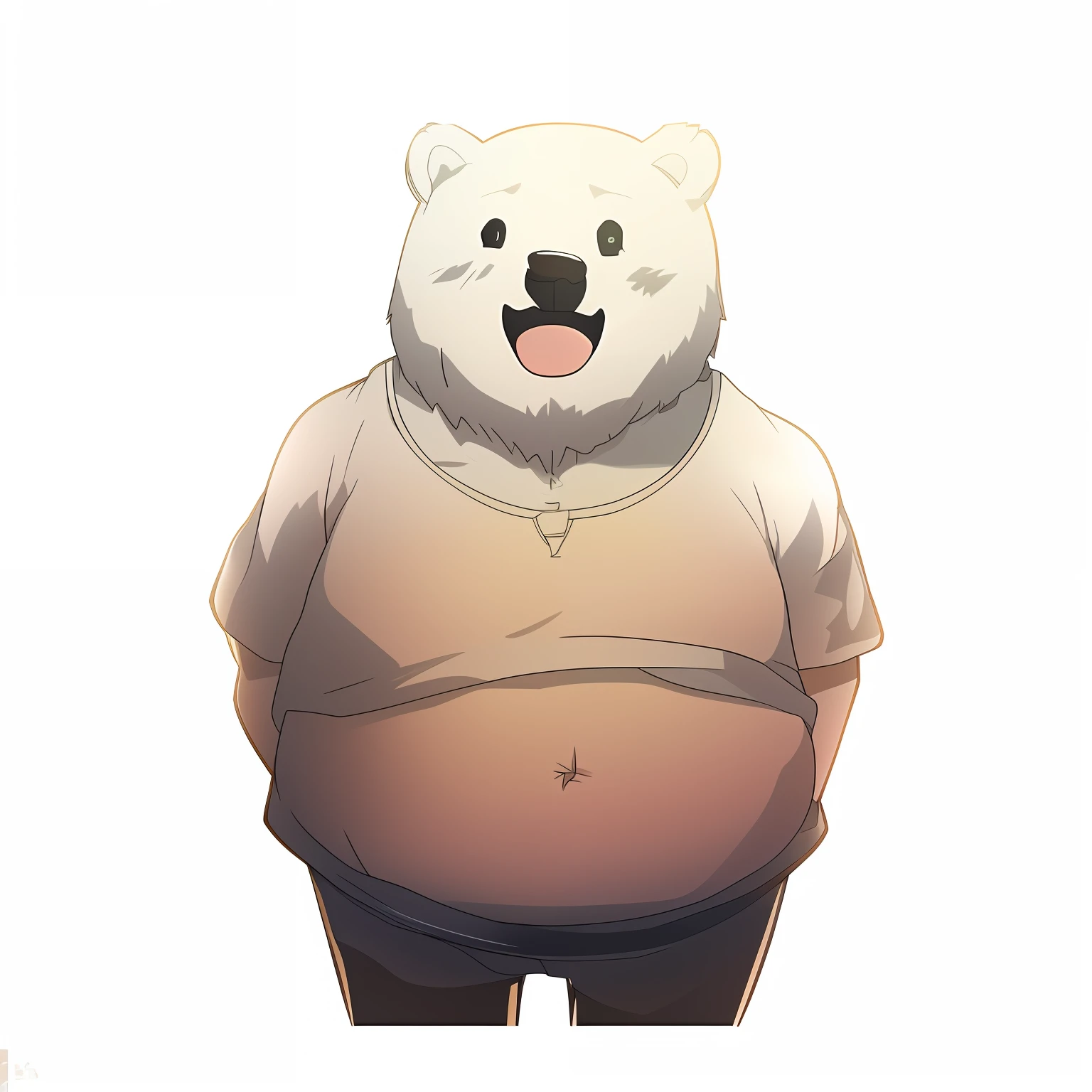 There is a polar bear standing in front of a white background, giant bear human hybrid, Big belly, Fat belly, He has a stocky fat round belly, Chic, fatness ), Official art, Belly, strong fat bacchanalian body, animesque, his belly is thick and round,,