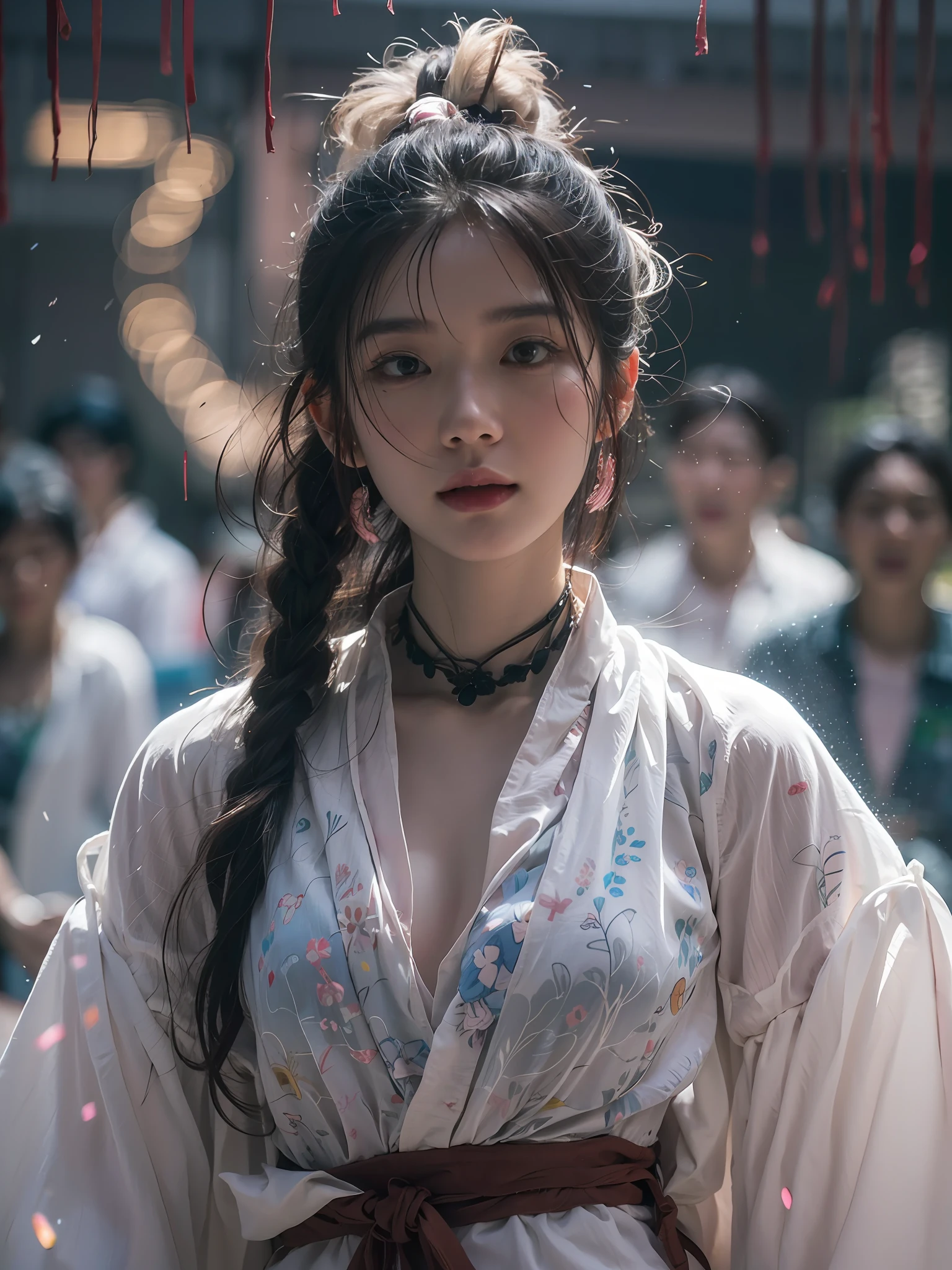 Masterpiece,Best quality, A still from a dark fantasy movie from the 90s,(pastel colour, dim colors, soothing tones:1.5),blend, Medium shot, Bokeh, (hdr:1.4), Masterpiece,conceito, 4K, HD, Cute girl in lingerie, White Hanfu, black colored leggings, (Cinematic, Red and black :0.85), The faces of the audience, dramatic pose, skinny pants
