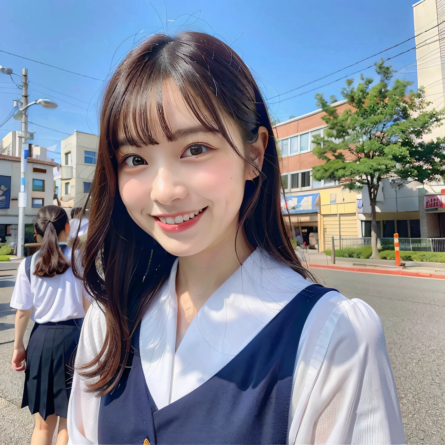 (8k、top-quality、​masterpiece:1.2)、(realisitic、Photorealsitic:1.37)、ultra-detailliert、1 girl in、独奏、a very cute、Beautiful detailed sky、(a smile:1.2)、(Bewitching laughter)、beatiful detailed eyes、floting hair,(校服:1),stockings,full bodyesbian,street,thin