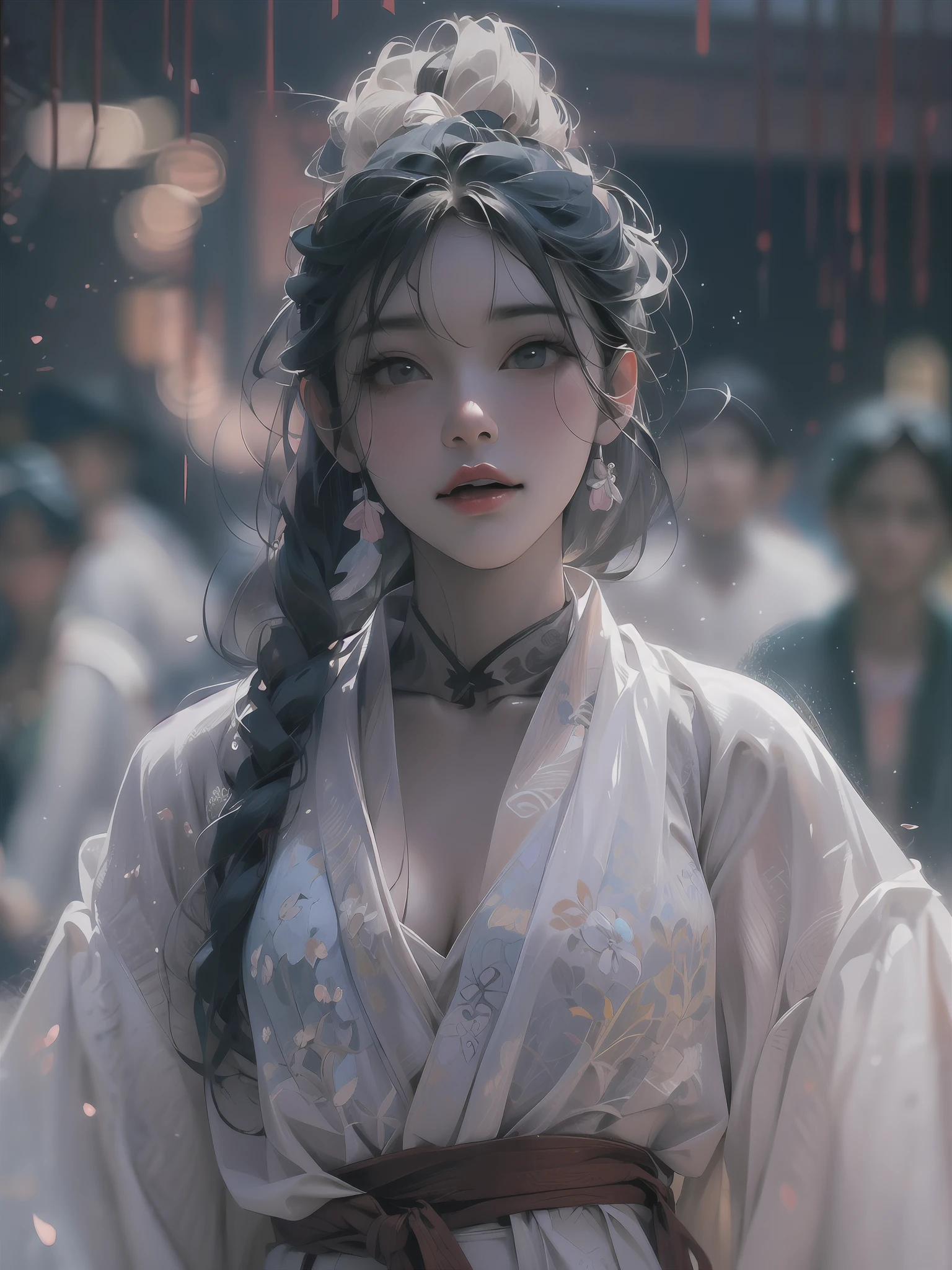 Masterpiece,Best quality, A still from a dark fantasy movie from the 90s,(pastel colour, dim colors, soothing tones:1.5),blend, Medium shot, Bokeh, (hdr:1.4), Masterpiece,conceito, 4K, HD, Cute girl in lingerie, White Hanfu, black colored leggings, (Cinematic, Red and black :0.85), The faces of the audience, dramatic pose, skinny pants