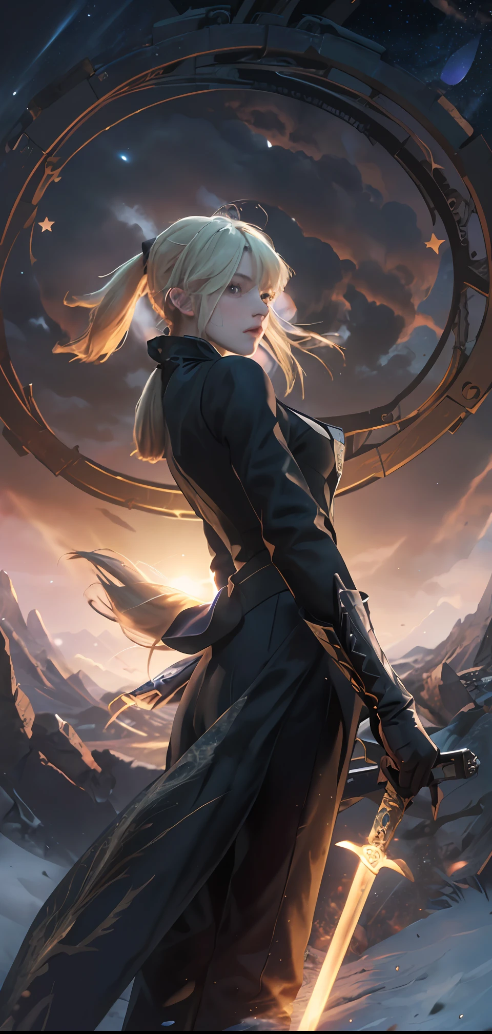 ((masterpiece:1.2, best quality)), realistic, 1girl, solo, blood, male focus, looking at viewer, artoria pendragon \(fate\), black (((suit))), black (((pant suit))), (((ponytail))), (((black gloves))), , aurora, night, stars (sky), sky, night sky, starry sky, holding Magic Sword, Dark Clouds, Night, model shot, (Impressionism: 1.4), (Tarot: 1.3), Alphonse Mucha,
