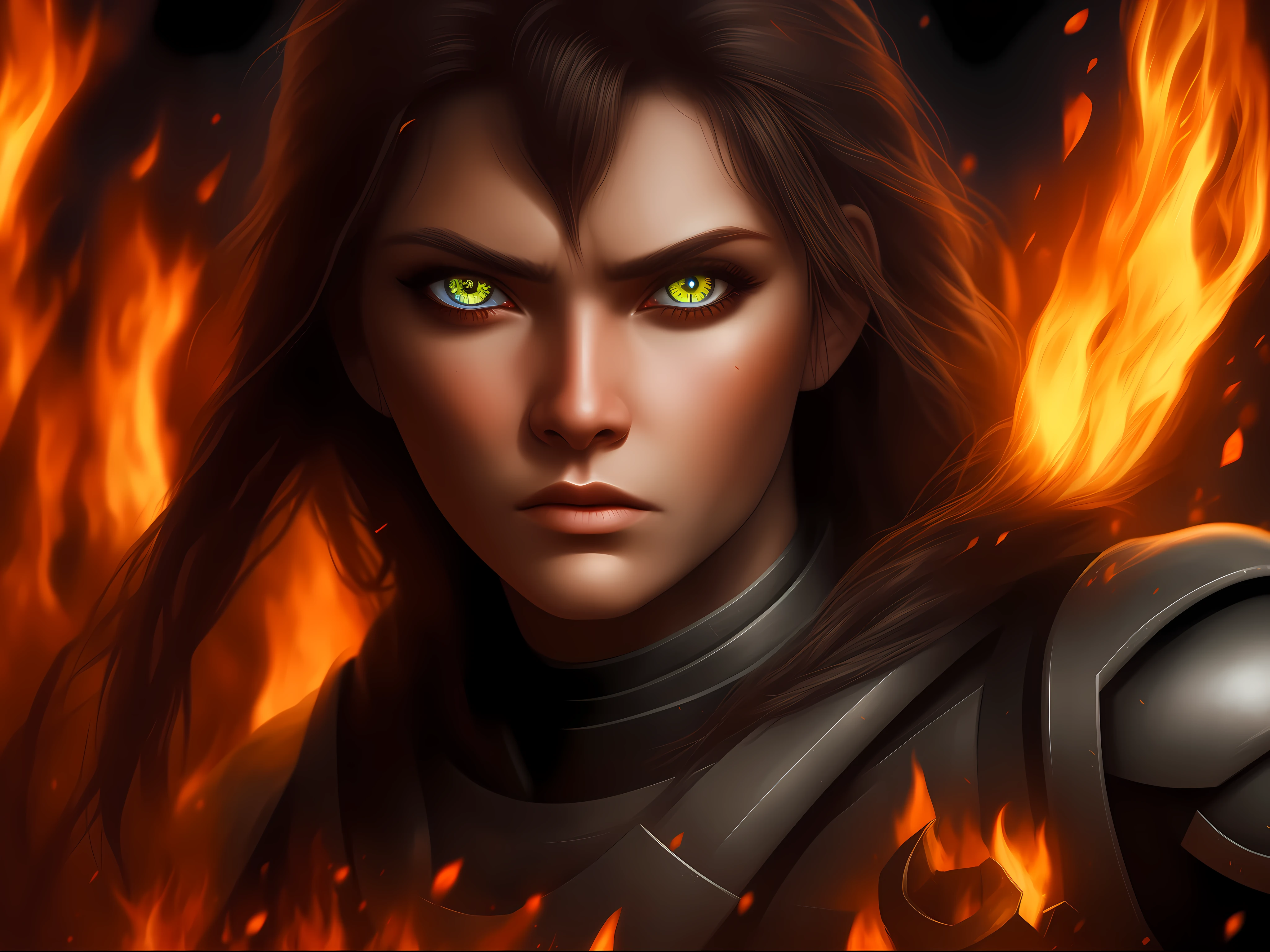female warrior with fire eyes, close up  Deep Detailed , cinematic eyes , cinematic lighting. Cinematic HDR , Background Effects lightings, 8k , realistic animation, realistic lighting, realistic cinematic.digital art, digital photography, realistic HDR