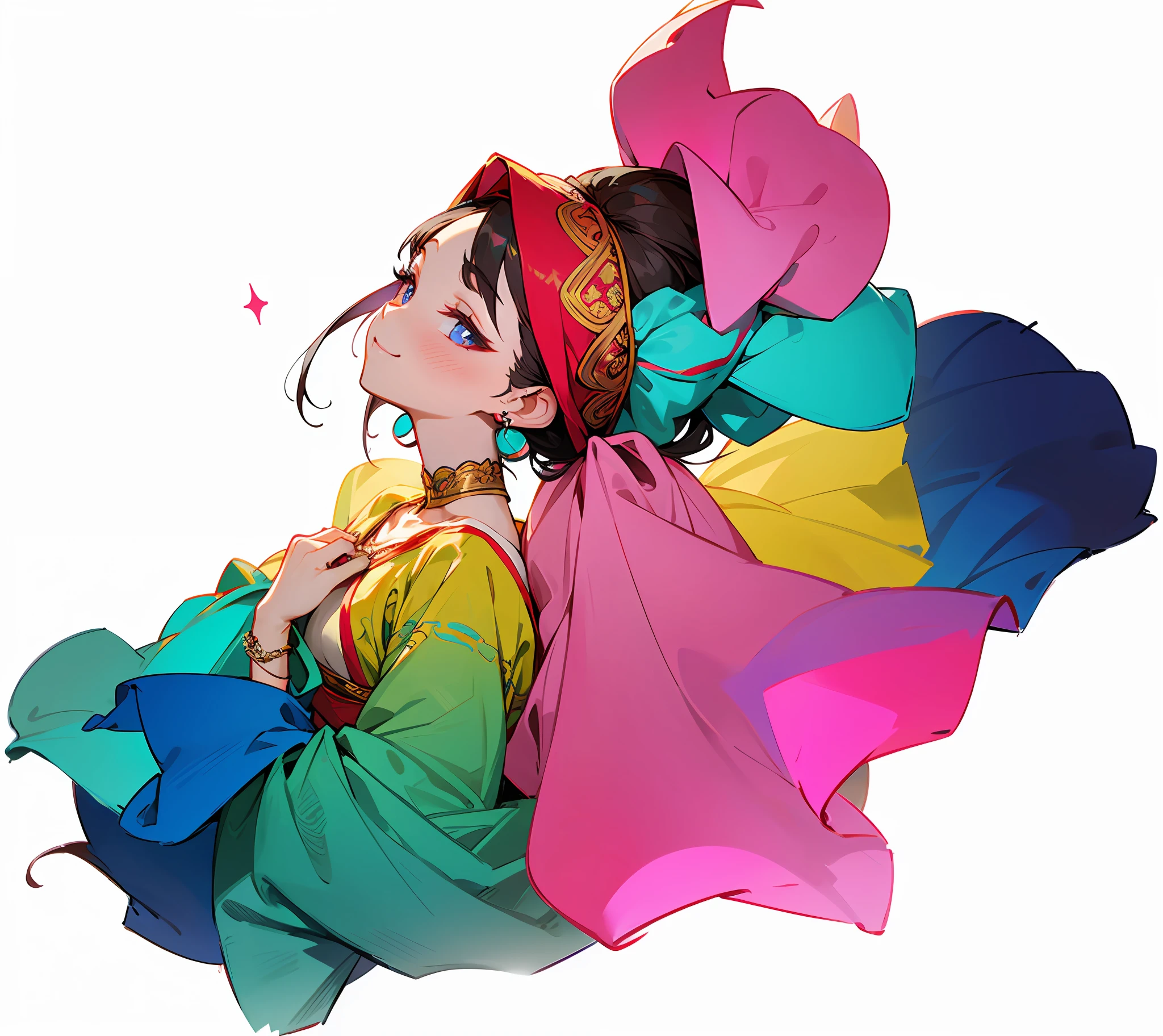 Uyghur culture
Traditional costumes
Confident and determined
Beautiful brunette hair
Starry eyes
An innocent smile
Embroidered bandana
Metal jewelry
Smart collarbone
Silver bracelet