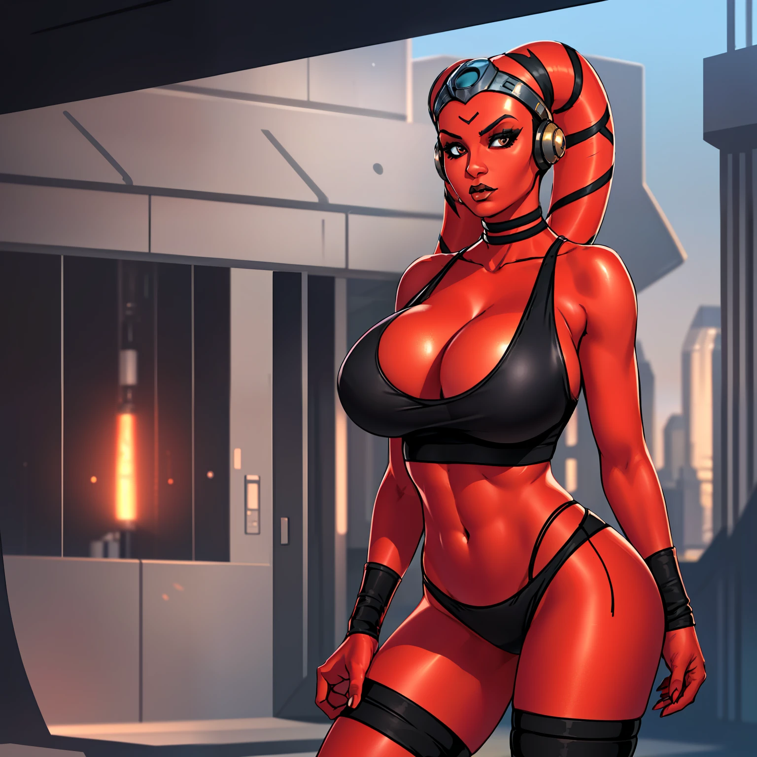 1girl, busty, masterpiece, best quality, high-definition, ((red skin), twi'lek), evil space knight, space ninja, (wearing black tank top, panties, socks, ((busty)), slender body, thin, slim sexy body, slim waist, ((gigantic breasts, bursting breasts))), futuristic apartment,, Star Wars,