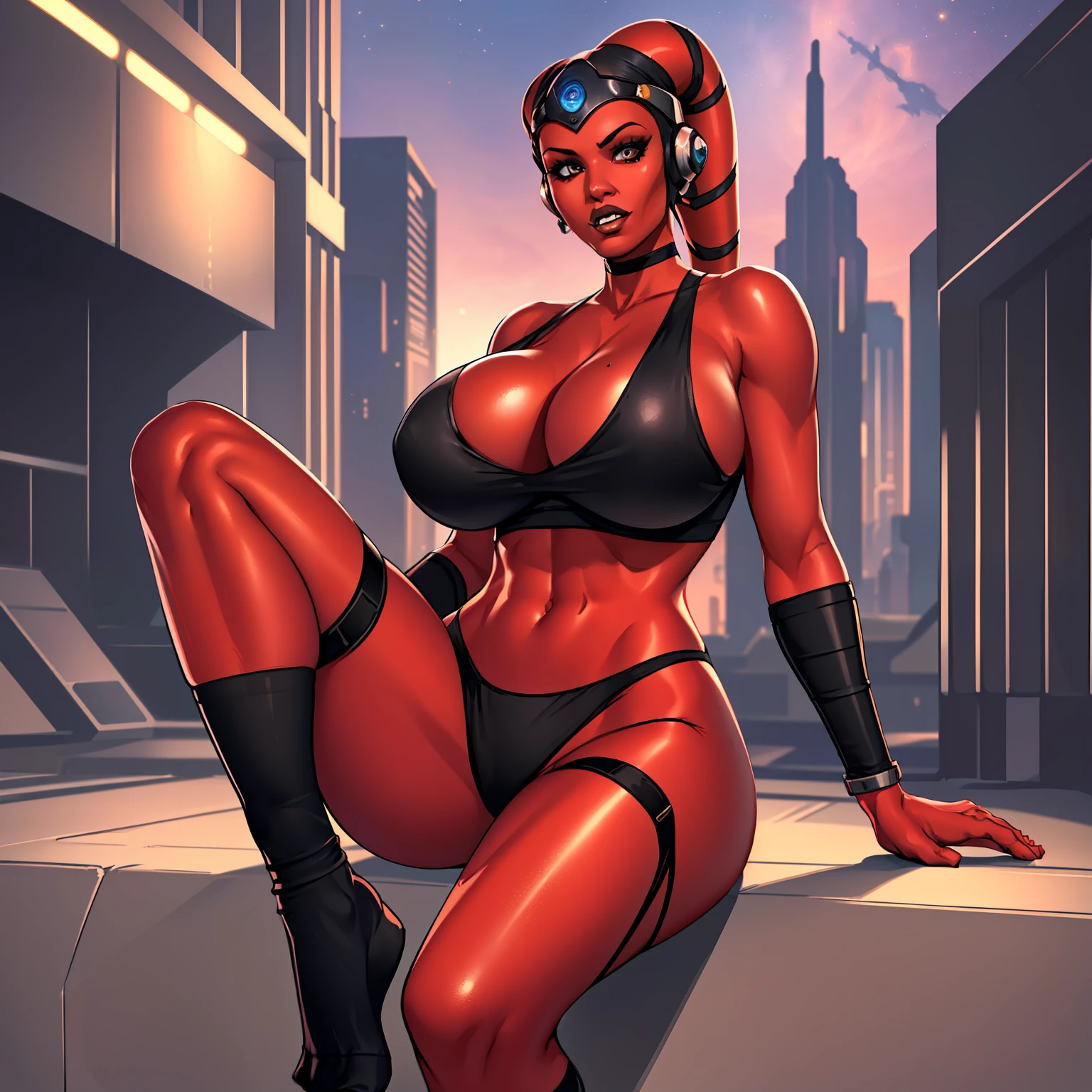 1girl, busty, masterpiece, best quality, high-definition, ((red skin), twi'lek), evil space knight, space ninja, (wearing black tank top, panties, socks, ((busty)), slender body, thin, slim sexy body, slim waist, ((gigantic breasts, bursting breasts))), futuristic apartment,, Star Wars,