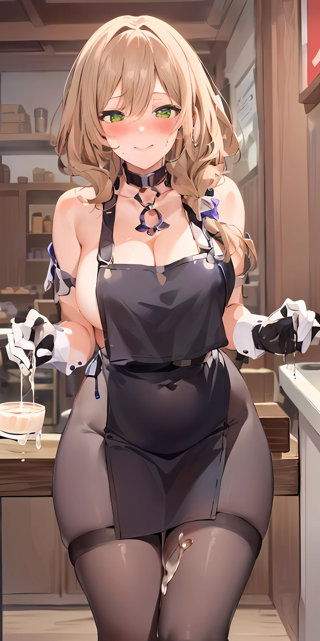 2girls, Solo, (Naked:1.1), (belly-bar), Large breasts, Calves, white stockings,Cafe background, Smiling, (Blushing:1.3), (milk drip on breasts:1.3), Leaning forward, angle of view,8k,higher details