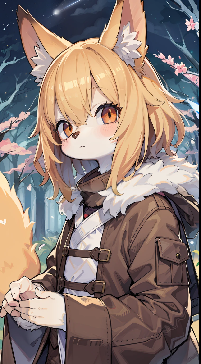 Fox Boy，hairy pubic，shaggy，Skin fur，Golden fur，Golden yellow face fur,Short straight blonde hair，Eyes have light，Red eyes，Super cute face，Brown elements on fur，Brown coat brown hood up，Star pattern white top，Brown shorts，Beautiful lights and shadows，Ambient light，Ultra-fine fur，volumettic light，Night,natural  lightting，Fluffy tail，Night，starrysky，Vast landscape，crossed bangs, Hairline, Shiny hair, lone nape hair, ，Dilated pupils，Sleepy，（moon full：1.2），（meteors：0.9），（Starcloud：1.3），Inside the cherry blossom forest，Cherry blossoms fall，（Warm light source：1.2），（glowworm：1.2）， Purple and orange，Complicated details，Volumetriclighting，Realist breakthrough（tmasterpiece：1.2）（best qualtiy），4K，Ultra-delicate，（Dynamic configuration：1.4），Highly detailed and colorful details，（Irridescent color：1.2），（luminouslighting，Atmospheric lighting），dream magical，magic，（独奏：1.2）Glowing light, rotated，