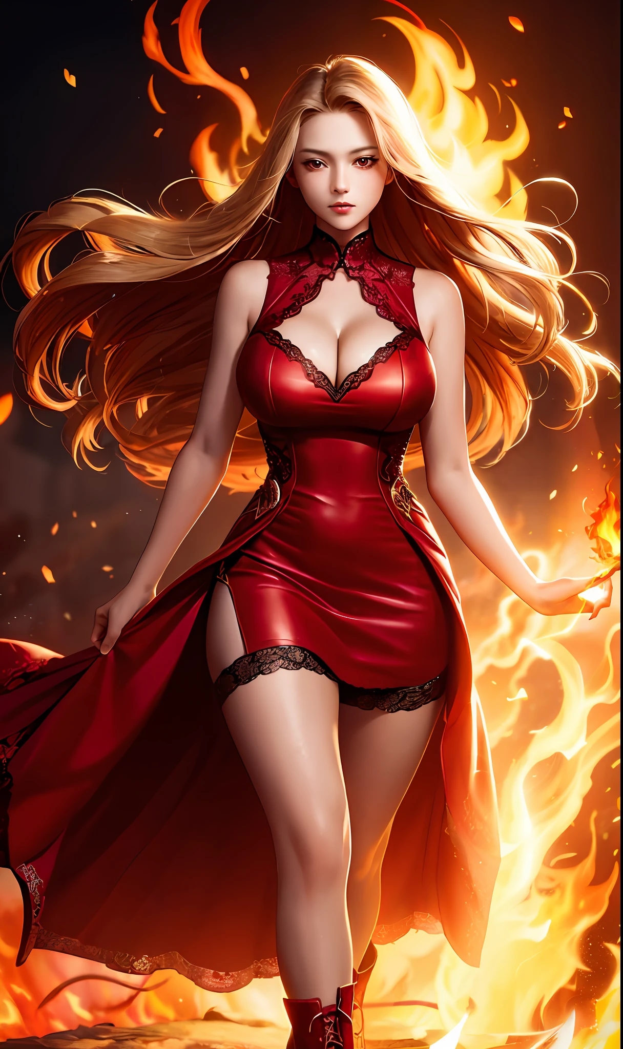 Masterpiece, Best quality, Ultra detailed, Intricate details, hiqcg, hiqcgbody, Soft lighting,
1girll, Solo, (Red eyes), Beautiful detailed face, Long hair fluttered with red flames, cleavage, Detailed lace texture, upper legs, (Luxurious), (Noble),
((short red dress)), floating in air, Red combat boots, (火焰), (Red lace stockings),battlefiled,Female wizard,Huge firebird behind it