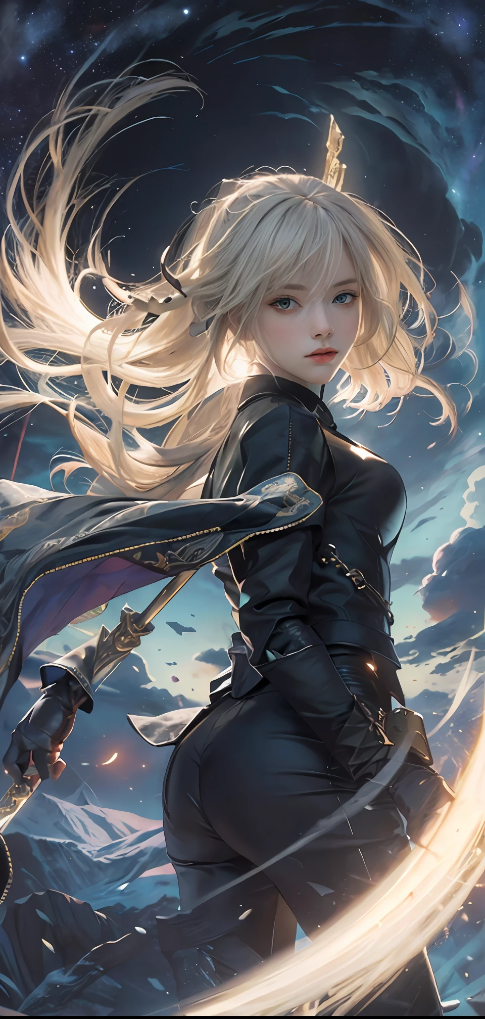 ((masterpiece:1.2, best quality)), realistic, 1girl, solo, blood, male focus, looking at viewer, artoria pendragon \(fate\), black (((suit))), black (((pant suit))), (((ponytail))), (((black gloves))), , aurora, night, stars (sky), sky, night sky, starry sky, holding Magic Sword, Dark Clouds, Night, model shot, (Impressionism: 1.4), (Tarot: 1.3), Alphonse Mucha,
