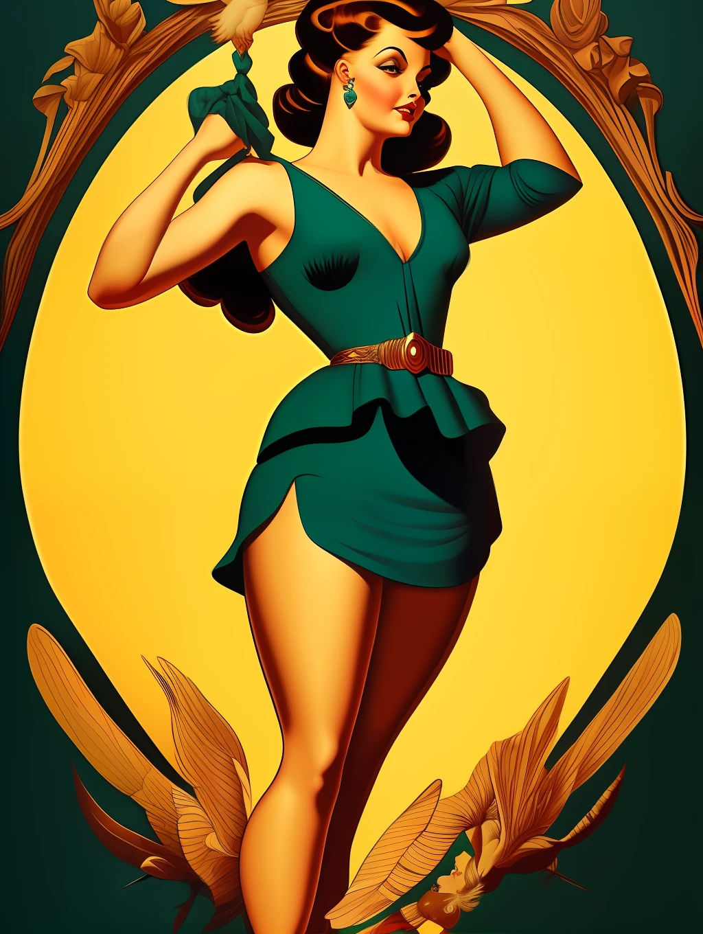 (Masterpiece) Insanely gorgeous and art-deco pin-up lady, hyperdetailed, in the style of Ted Withers and Alberto Vargas