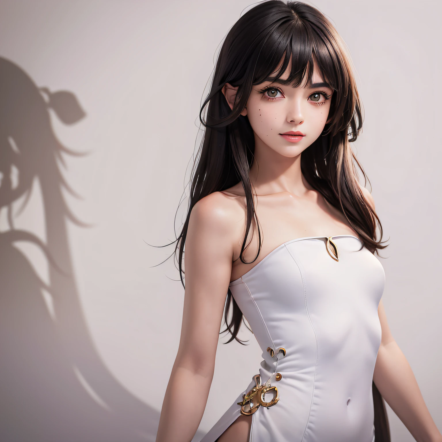 ((masterpiece, top quality, high definition)), 1 girl, (photorealistic: 1.4), solo, white background, snow-white background, mouth closed, happy smile, happy smile, pretty black hair, short hair, big eyes, clear double eyelids, eyelashes, ears out, long neck, long neck, absolute area, ((face close-up)), (drawing all head, shoulders), 19 years old, Attractive proportions, shiny skin, clean collarbone, golden ratio face, perfect face, teardrop mole, mole on chest, bangs, clean bangs, beautiful bangs, lip gloss, thin lips, fair skin, naked, big breasts, small face, small face, head all drawn, shoulders all drawn, staring at the camera slightly downwards