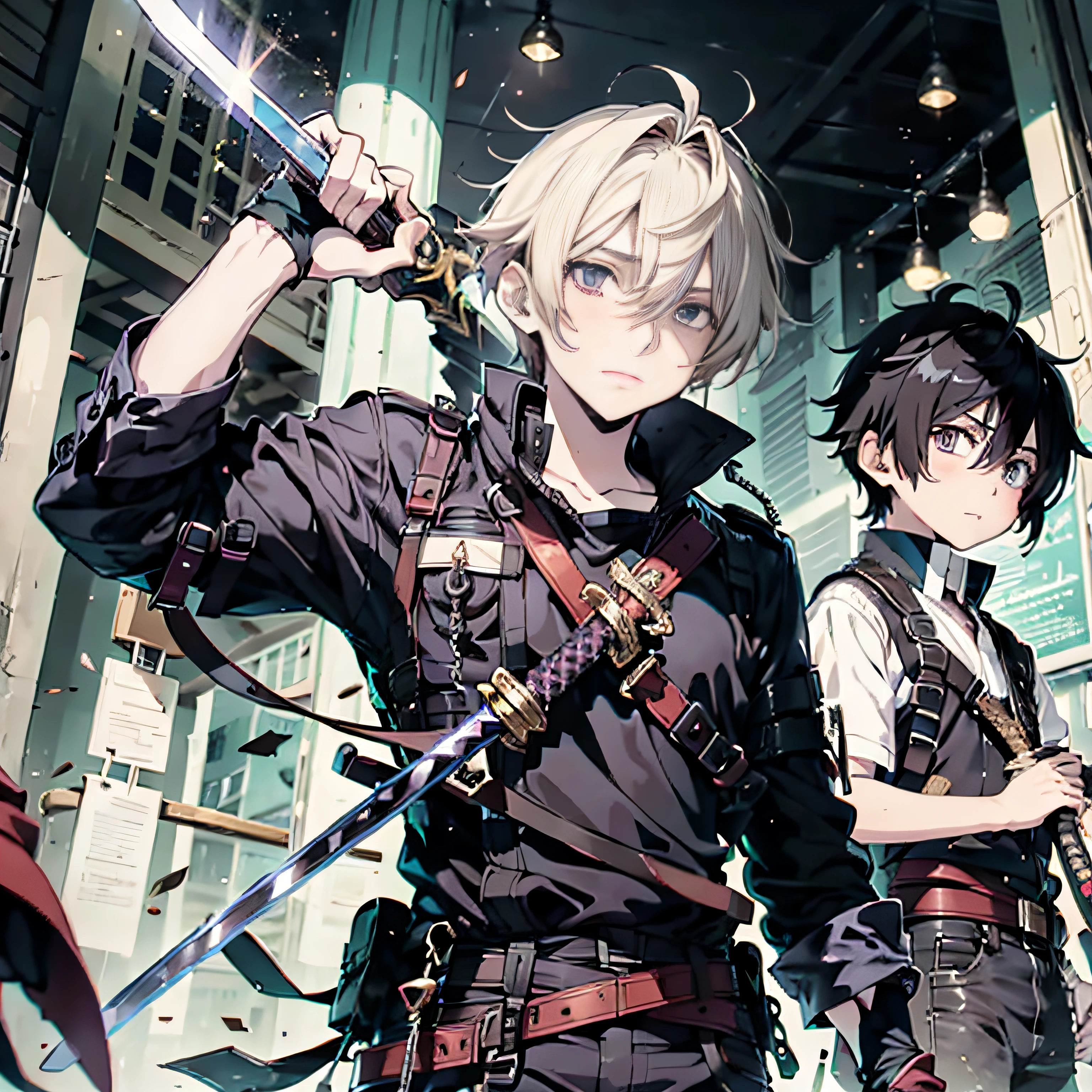 2 Boys，2boy，2 Anime boy，With a sword，Wield this sword