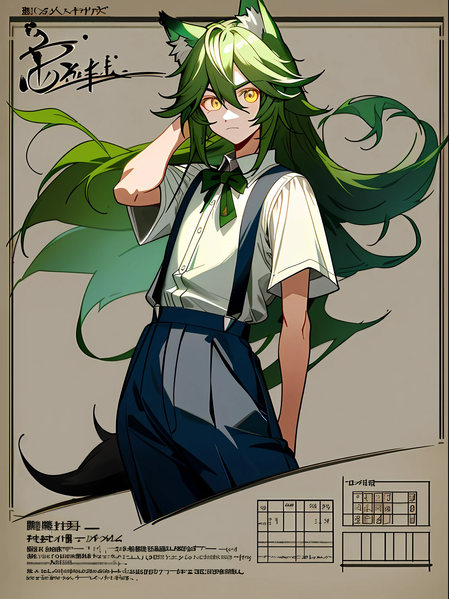 (tmasterpiece:1.2),(best qualtiy:1.2), white shirt, Black skinny suspenders,Light green hair, Mullet head, Yellow eyes, Wolf ears,Wolf tail, expressiveless,orthofacial,Pose,looking at viewert,Elaborate Eyes,Detailed skin,reference sheet,k hd,tmasterpiece,super detailing, (best qualtiy, A high resolution),Ultra-high pixel,ultraclear,32K,CGMokadon Pop ----Niji 5