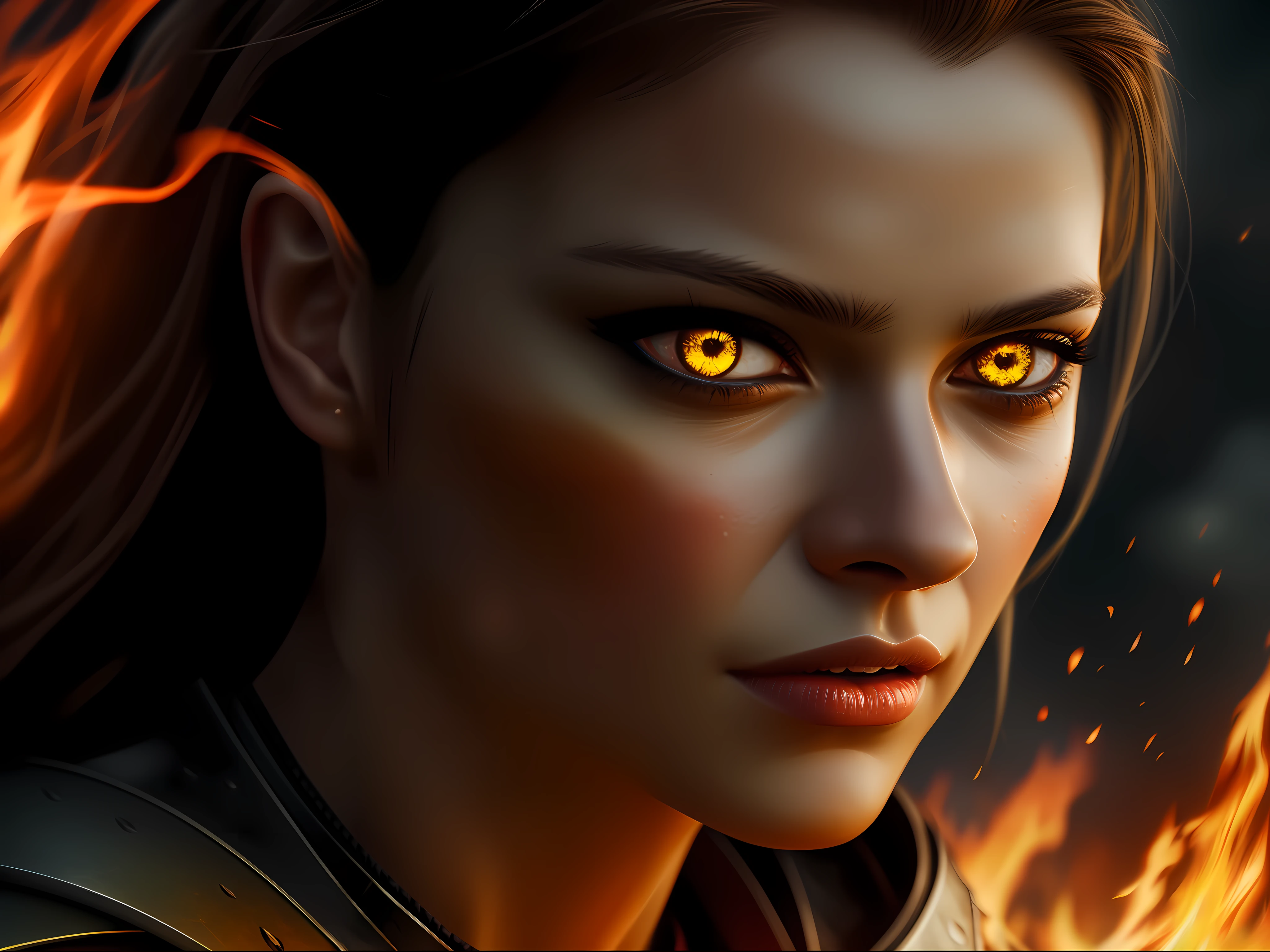 female warrior with fire eyes, close up Deep Detailed , cinematic eyes , cinematic lighting. Cinematic HDR , Background Effects lightings, 8k , realistic animation, realistic lighting, realistic cinematic.digital art, digital photography, realistic HDR