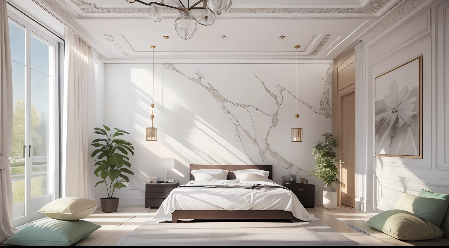 Minimalist bedroom，Master design，Flowers and plants are scarce（1:0.005），suns rays，The right way to place the house，No main light design，an award winning masterpiece，Incredible details Large windows，highly  detailed，Harper's Bazaar art，fashion magazine，fluency，Clear focus，8K，rendering by octane