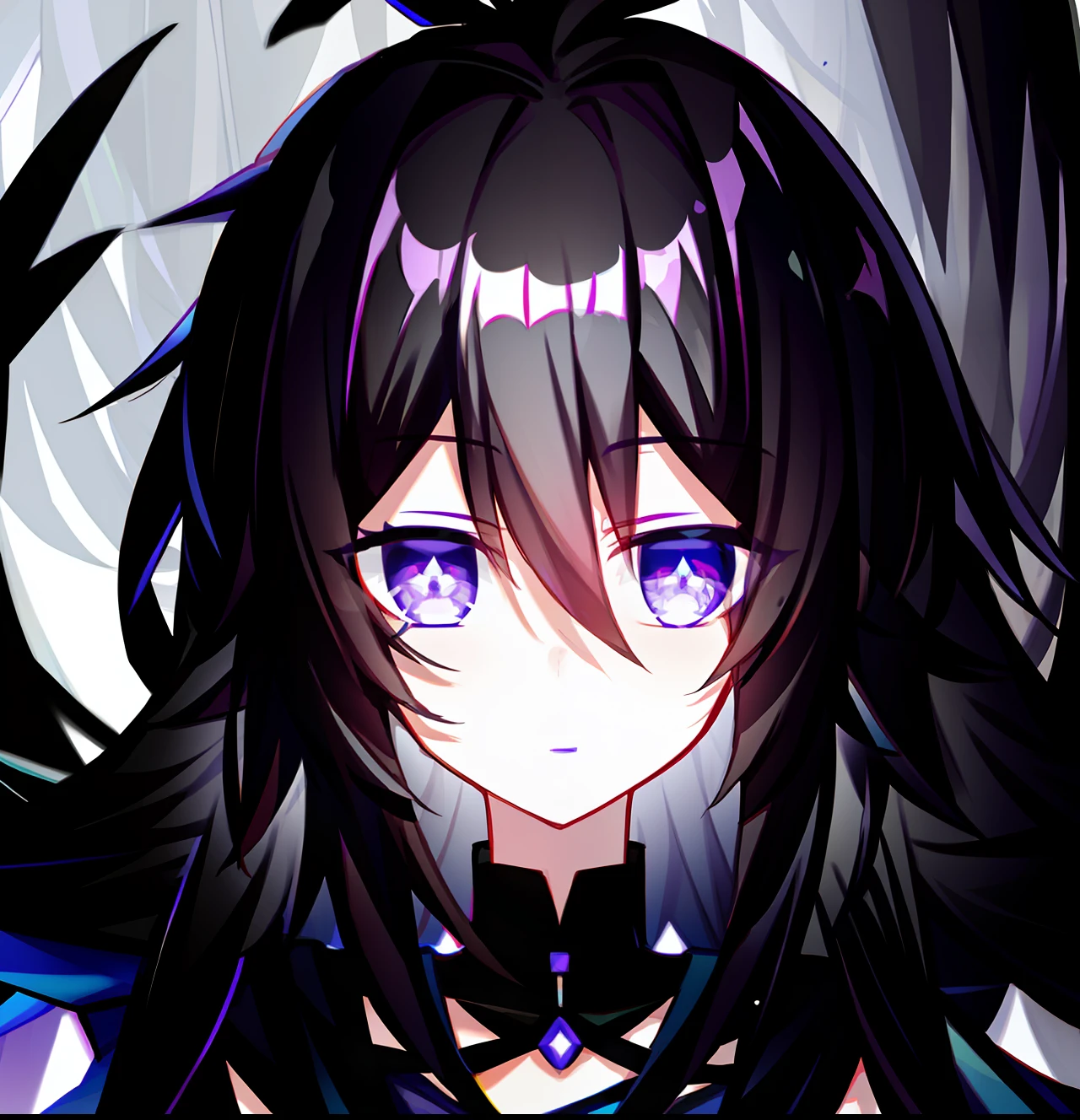 Black color hair,Purple-eyed girl,It's lovely,Fluffy hair,Slightly floating