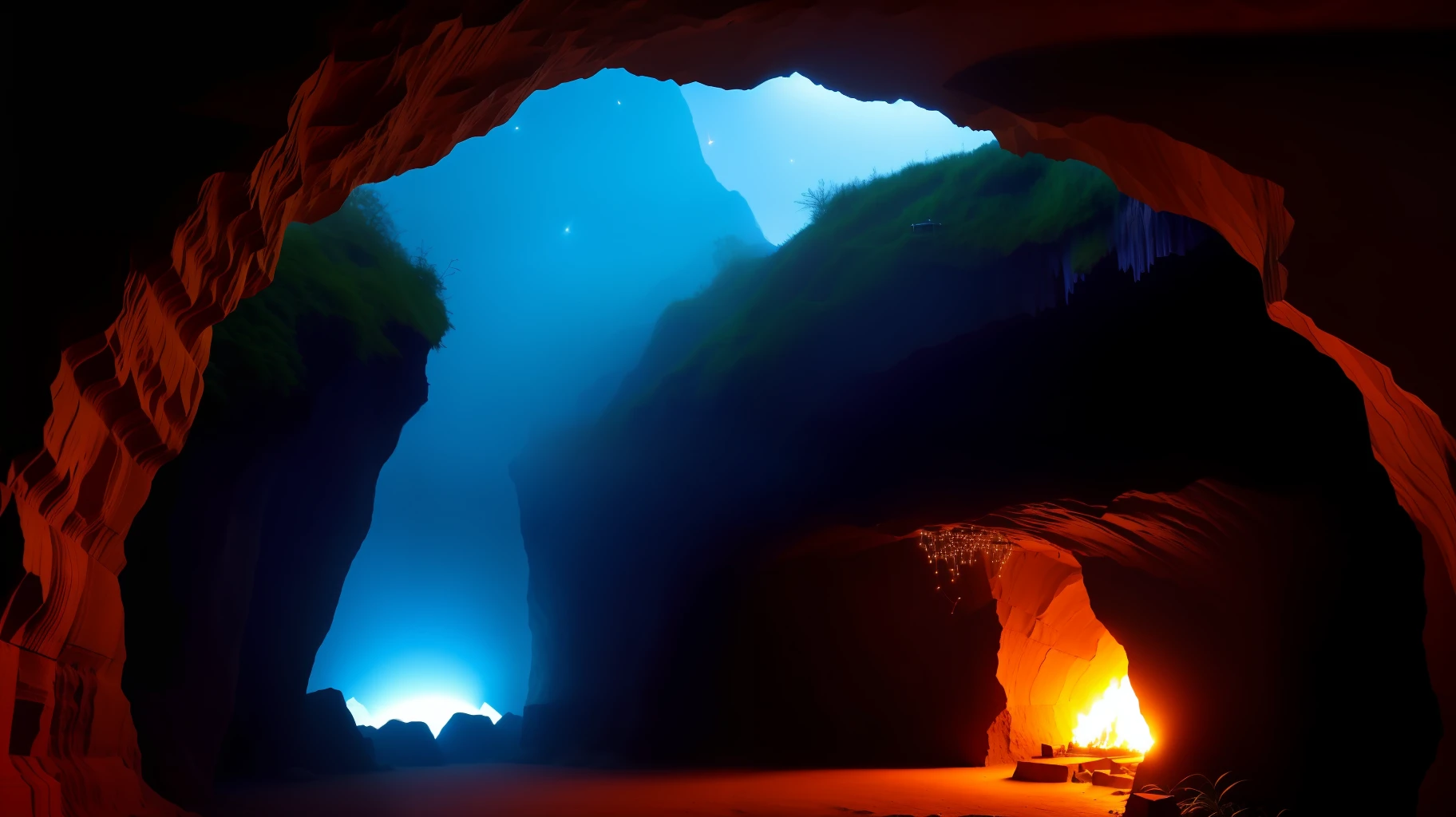 A cave,Inside the cave there are lights and strange machines。There are fireflies flying in the cave。