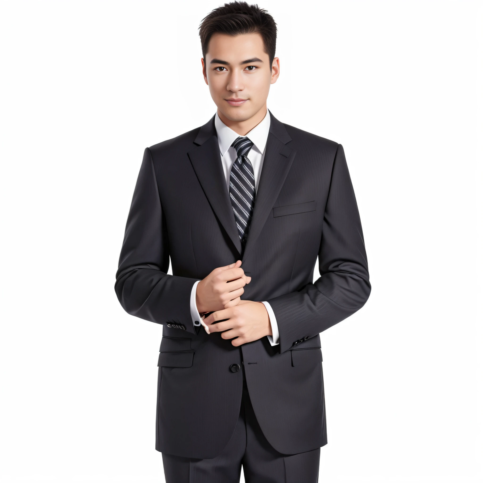 arafed man in a suit and tie standing in a studio, wearing black suits, dressed in a suit, In black suit, dressed in a suit, Wearing a black suit, wearing a stylish men's suit, wearing black suits, formal suits, lawyer suit, wearing a pinstripe suit, Business suit, Business attire, black luxurious suit, pinstripe suit，4k画质，Ultra HD face detail，Textured skin，HighestQuali，Vertical painting shadows，atmospheric distance sense，Smile confidently，25-year-old middle-aged woman --auto