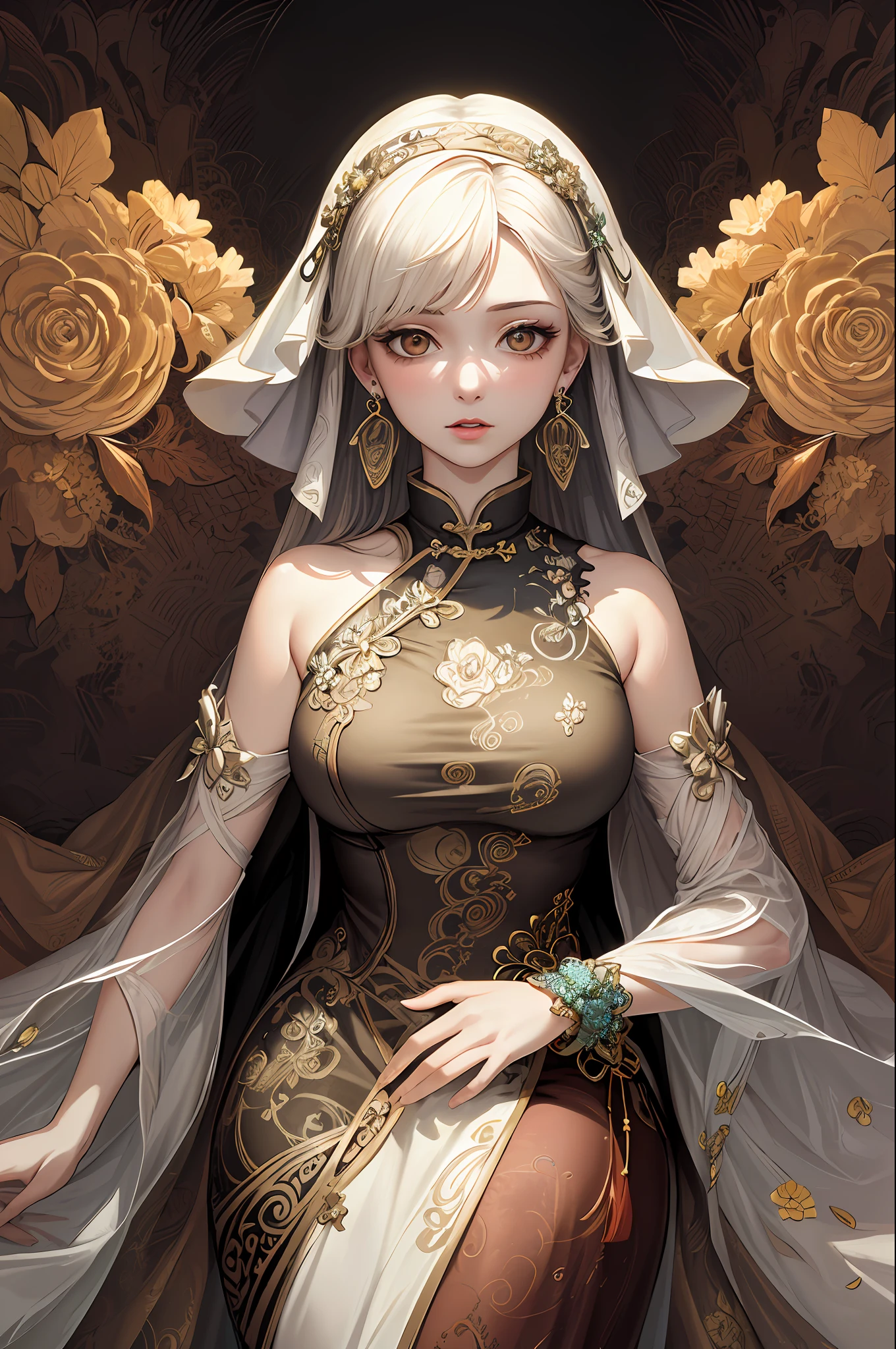 (masterpiece, top quality, best quality, official art, beautiful and aesthetic: 1.2), (1girl:1.3), extremely detailed, albino girl,(fractal art:1.1),(colorful:1.1)(flowers:1.3),more detailed,( zentangle:1.2), (dynamic posture), (abstract background:1.3), (Chinese dress:1.2), (shiny skin), (many colors:1.4), ,(earrings:1.4),