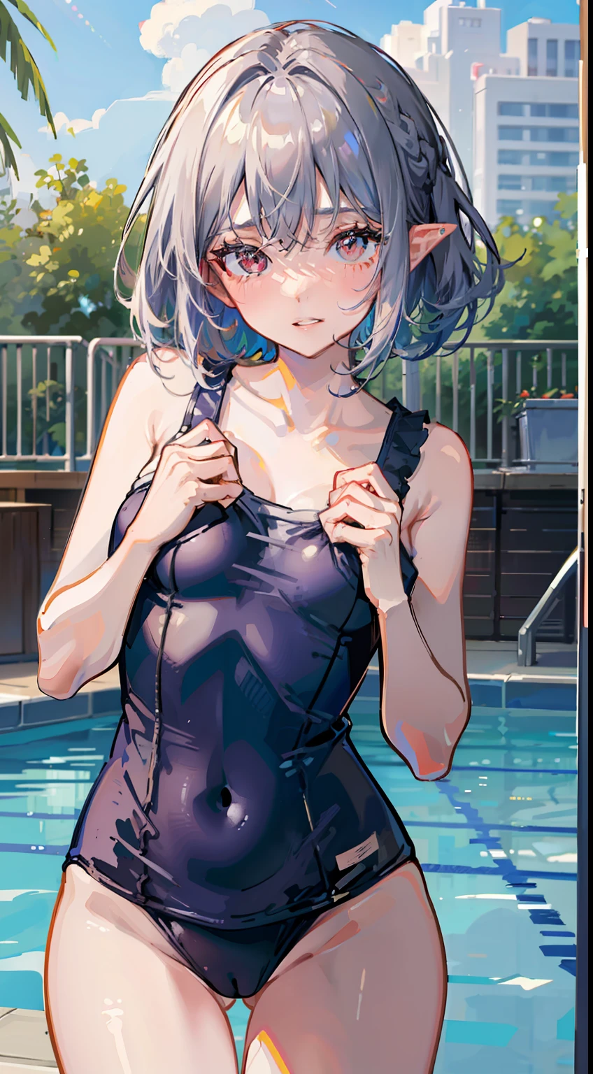 ((Embarrassing)), ((Put your hands on your chest)), ((Slouched)), 1 Whole body of a girl, elvish, ((silber hair)), Red Eyes, bob cuts, Braided hair, ((School swim wear)), One Piece Swimsuit, Navy blue swimsuit, Outdoor pool, slim figure, speculum, gender change, concept-art, beautiful anime scene, Beautiful anime scenery, top-quality, ​masterpiece