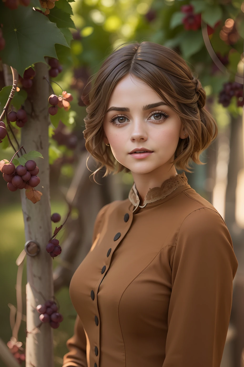 ((Jenna Coleman guckt mich verliebt an)), (she is standing between grapevines), ((Sommersprossen)), ((she has round breasts)), (kleiner Kopf), ((detailliertes Gesicht)), Weiches filmisches Licht, ((((Kino-Look)))), (fotorealistisch), (Raytracing), (scharfer Fokus), ((natural realistic skin texture)), detailliertes Gesicht, detaillierte Lippen, detaillierte Augen, doppeltes Augenlid, ((she wears a brown cotton sheath dress))