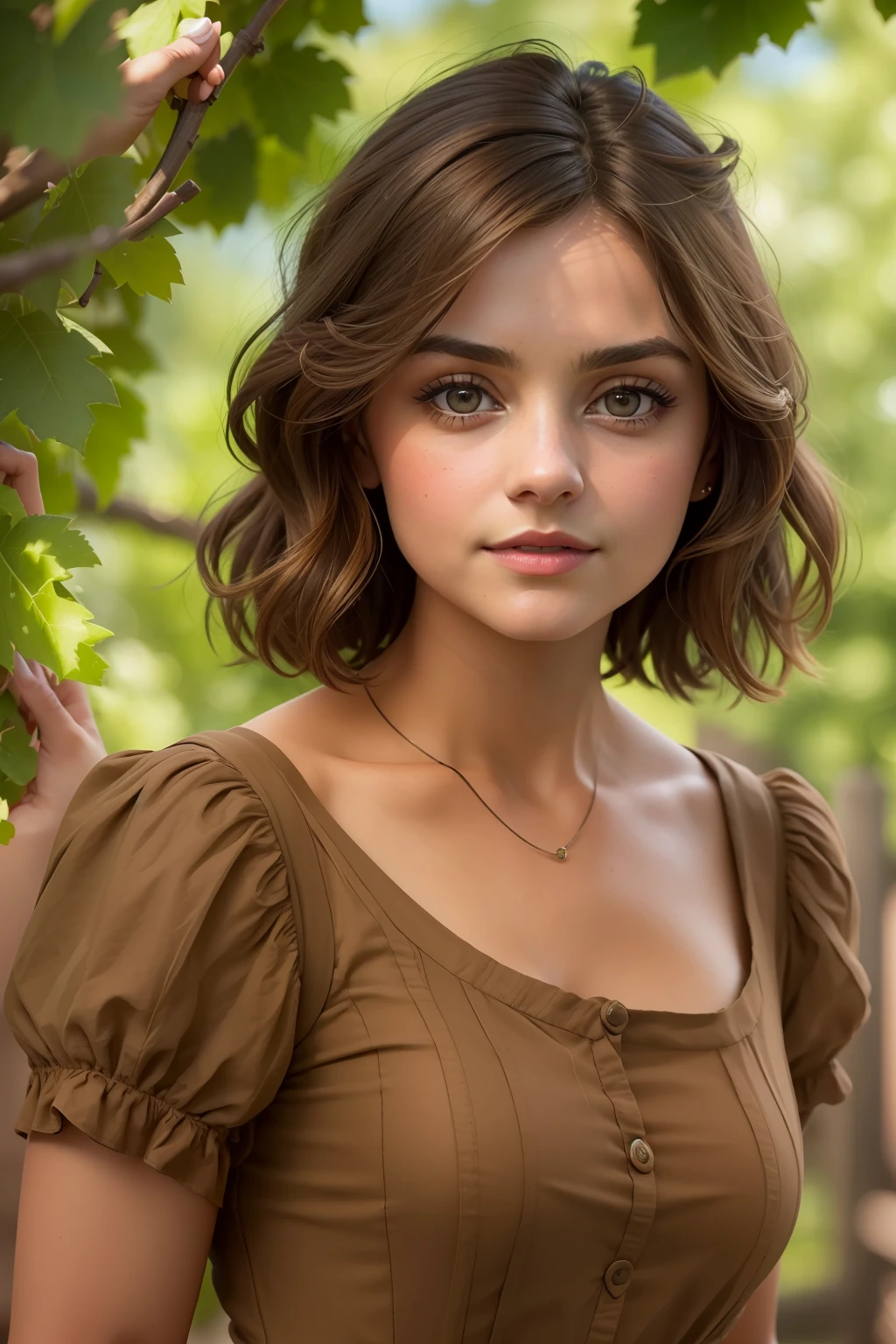 ((Jenna Coleman guckt mich verliebt an)), (she is standing between grapevines), ((Sommersprossen)), ((she has round breasts)), (kleiner Kopf), ((detailliertes Gesicht)), Weiches filmisches Licht, ((((Kino-Look)))), (fotorealistisch), (Raytracing), (scharfer Fokus), ((natural realistic skin texture)), detailliertes Gesicht, detaillierte Lippen, detaillierte Augen, doppeltes Augenlid, ((she wears a brown cotton sheath dress))