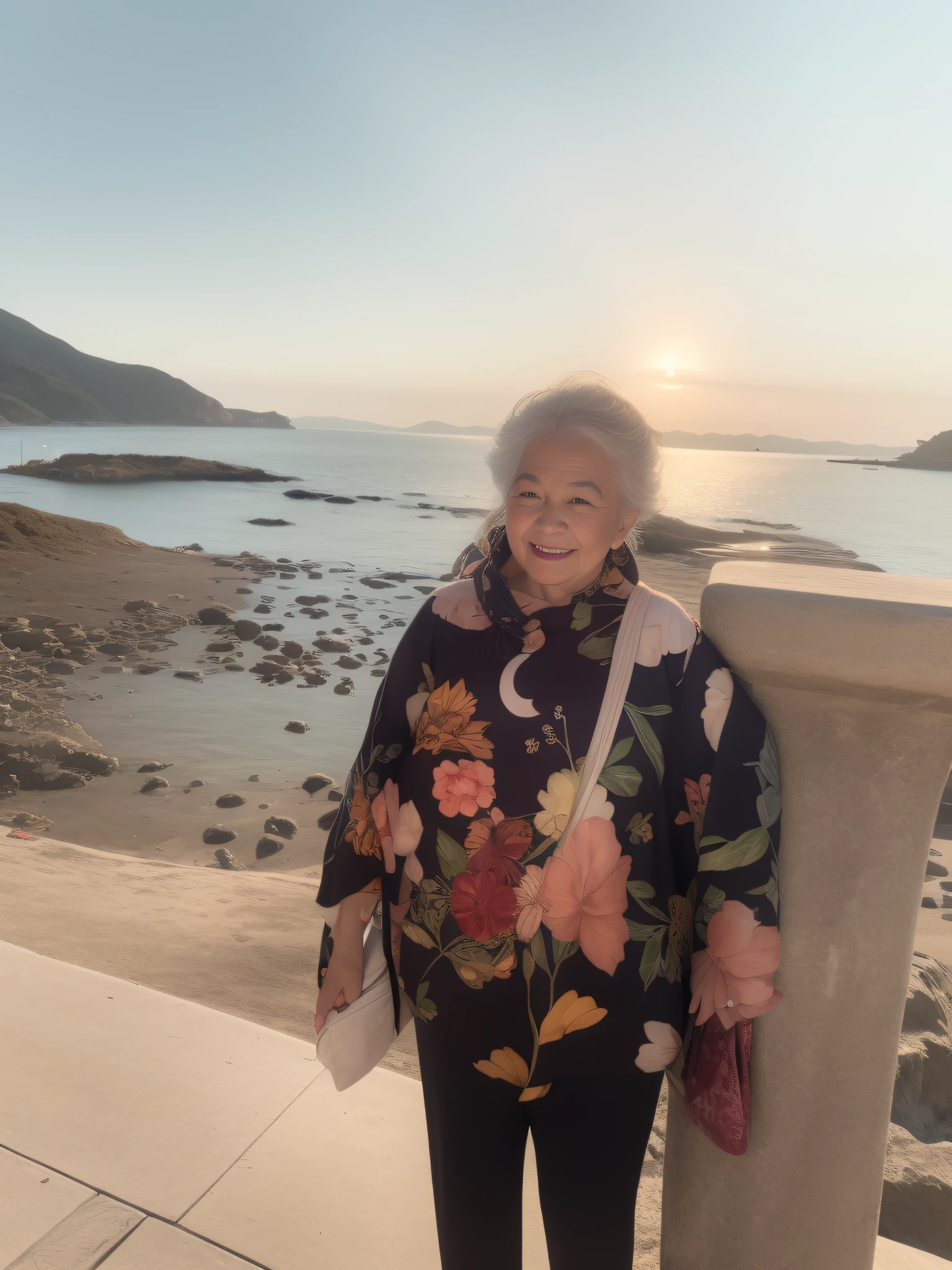 There is a woman standing on a windowsill by the water, At sunrise, late sunset, elderly greek goddess, during sunrise, At dusk!, standing on the sea side, the morning sun, artistic pose, late sunset, taken at golden hour, evening at dusk, evening sunlight, Morning sun, At sunset, Standing near the beach, Grandma, Near the beach, morningglow，4k画质，Ultra HD face detail，Textured skin，HighestQuali，Vertical painting shadows，atmospheric distance sense，Smile confidently，65-year-old middle-aged woman --auto