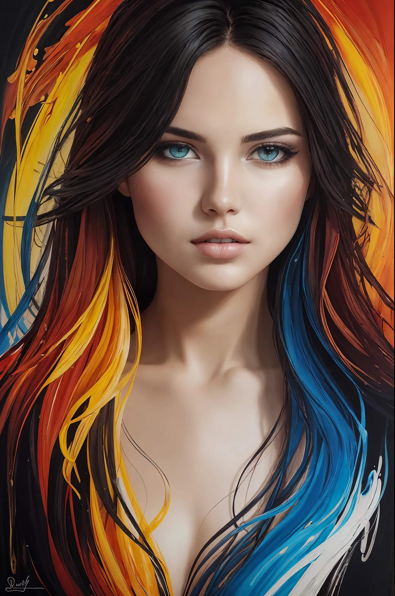 Colorful beautiful girl: a girl 29-years old, messy hair, oil painting, nice perfect face with soft skinice perfect face, blue yellow colors, light purple and violet additions, light red additions, intricate detail, splash screen, 8k resolution, masterpiece, cute face,artstation digital painting smooth veryBlack ink flow: 8k resolution photorealistic masterpiece: intricately detailed fluid gouache painting: by Jean Baptiste Mongue: calligraphy: acrylic: watercolor art, professional photography, natural lighting, volumetric lighting maximalist photoillustration: by marton bobzert:, complex, elegant, expansive, fantastical,  wavy hair, vibrant, Best quality details, realistic, High definition, High quality texture, epic lighting, Cinematic film still, 8k, soft lighting, anime style, masterful playing card border, random Colorful art, oil painting, blue yellow colors, light purple and violet additions, light red additions, intricate detail, splash screen, 8k resolution, masterpiece, artstation digital painting smooth veryBlack ink flow: 8k resolution photorealistic masterpiece: intricately detailed fluid gouache painting: by Jean Baptiste Mongue: calligraphy: acrylic: watercolor art, professional photography, natural lighting, volumetric lighting maximalist photoillustration: by marton bobzert:, complex, elegant, expansive, fantastical, vibrant