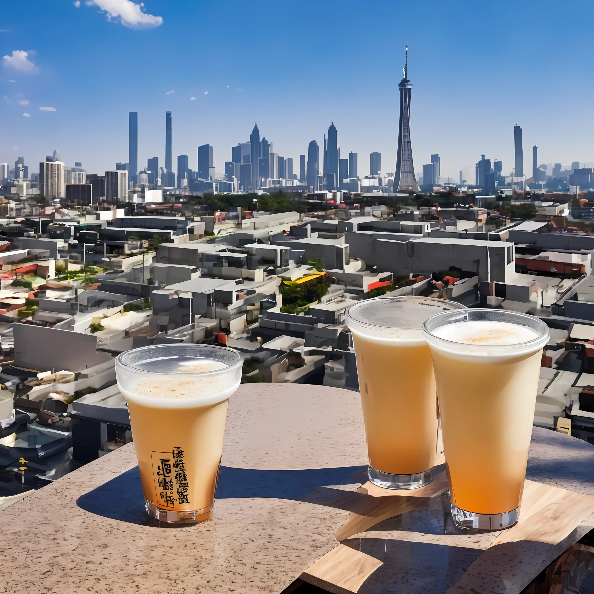 hyper HD, Masterpiece，A cup of milk tea is placed in front of a landmark building，Different places