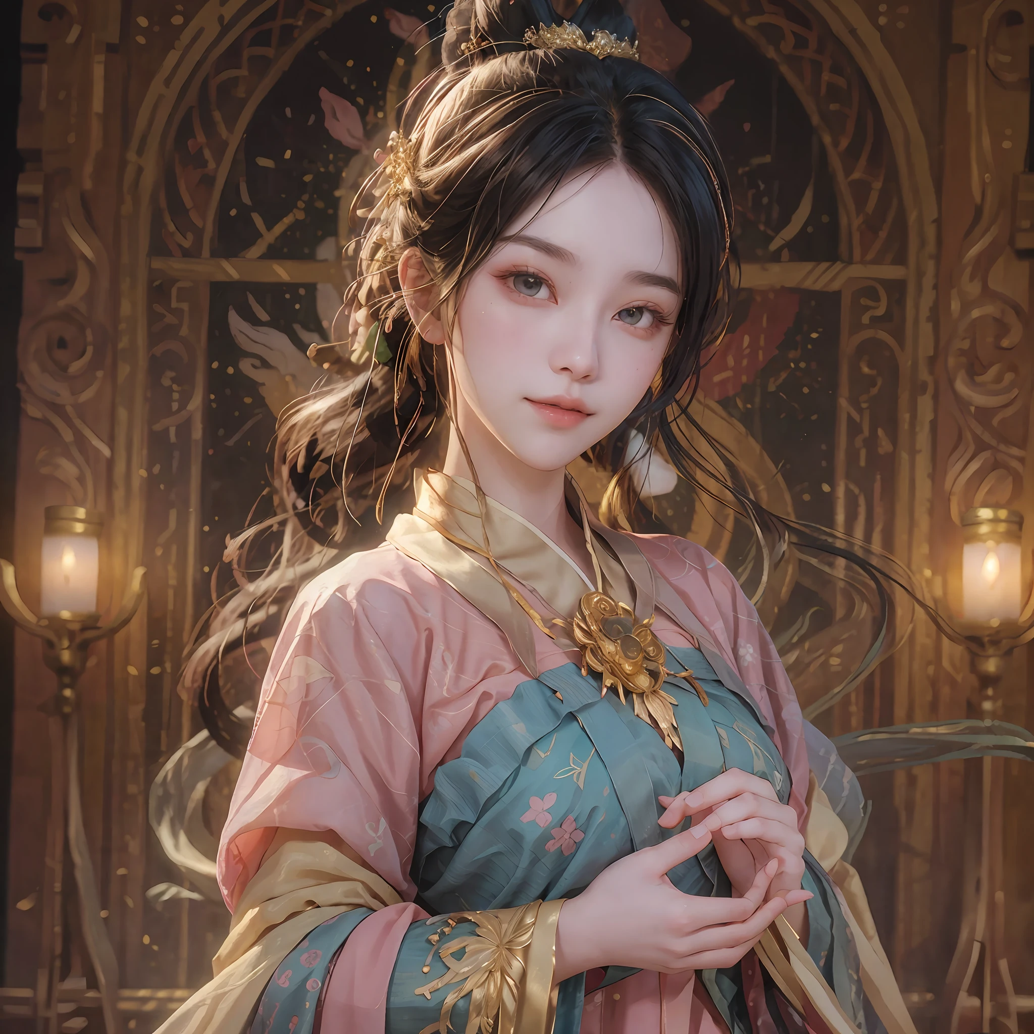 Need,8K,1 beautiful and cute little girl portrait,Silvery hair,Golden eyes,Smile and shut up,Round pink face,Willow eyebrows,Delicate, Bustling light pink hanfu,The texture of the garment is intricate,Gilded step shake of hair accessories,Hair is straight,Stand up straight,Put your hands behind you,Facing the camera squarely,Dignified and elegant,Highly meticulous,Digital photography,(tmasterpiece,Sideslit,exquisite and beautiful eyes:1.2 )(RAW photo, Best quality), (Realistic, photo-realistic:1.3), Best quality, Highly detailed, Masterpiece,, illustration, 1girll, The upper part of the body, Dynamic Angle, world mastery theater, Best quality, extremely detailed CG unity 8k壁纸,ink,Rembrandt light