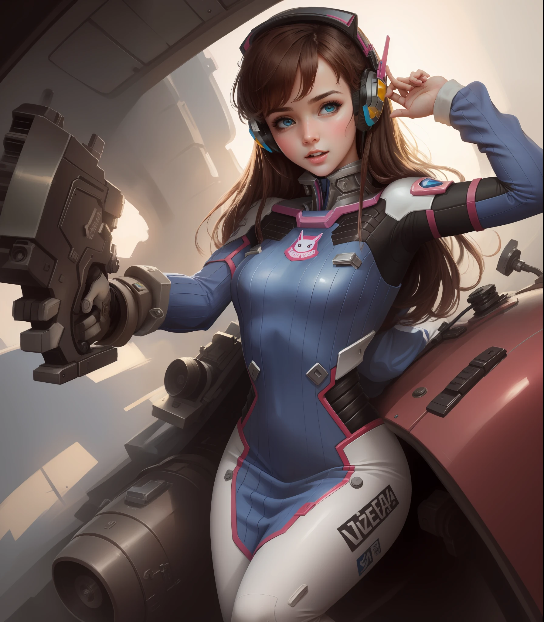 Obra maestra, La mejor calidad, High resolution, 1girl, ultrahigh resolution, solamente, Piloto Mecha, D.va, auriculares, ojos rosados, Gato hace Adornament, Medias azules, brown hair, Guantes blancos, (Conductor: Pistola de luz)