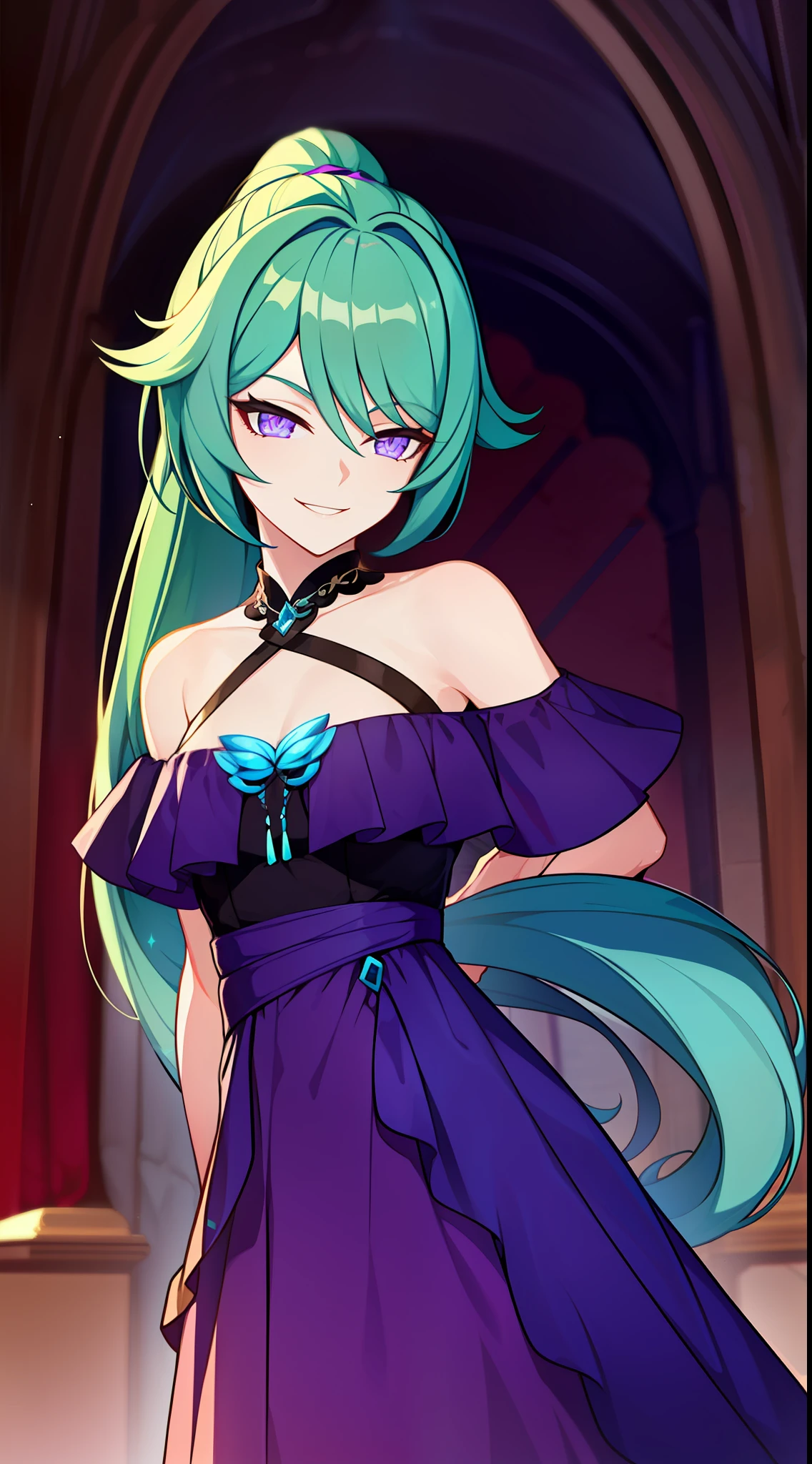 young girl, long turquoise hair, high ponytail, violet eyes, Purple rich dress, open shoulders, smirk, Masterpiece, hiquality
