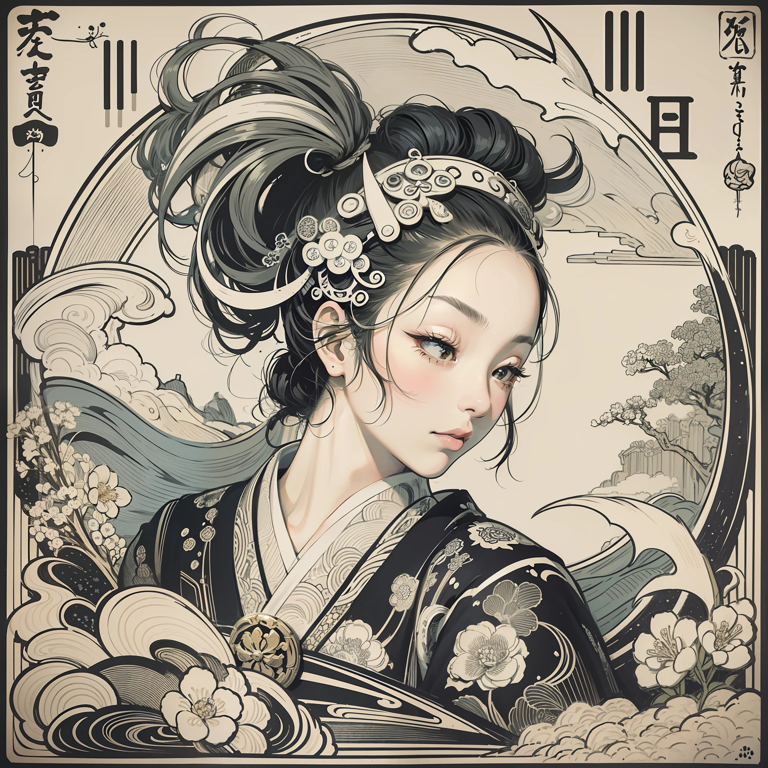 A logo、games 、kawaii、ukiyoe painting、jpn、white and black、It features a simple、ultra-detailliert、Detailed drawing、vectorized、silhuette、8K、Beautie、Wistful expression