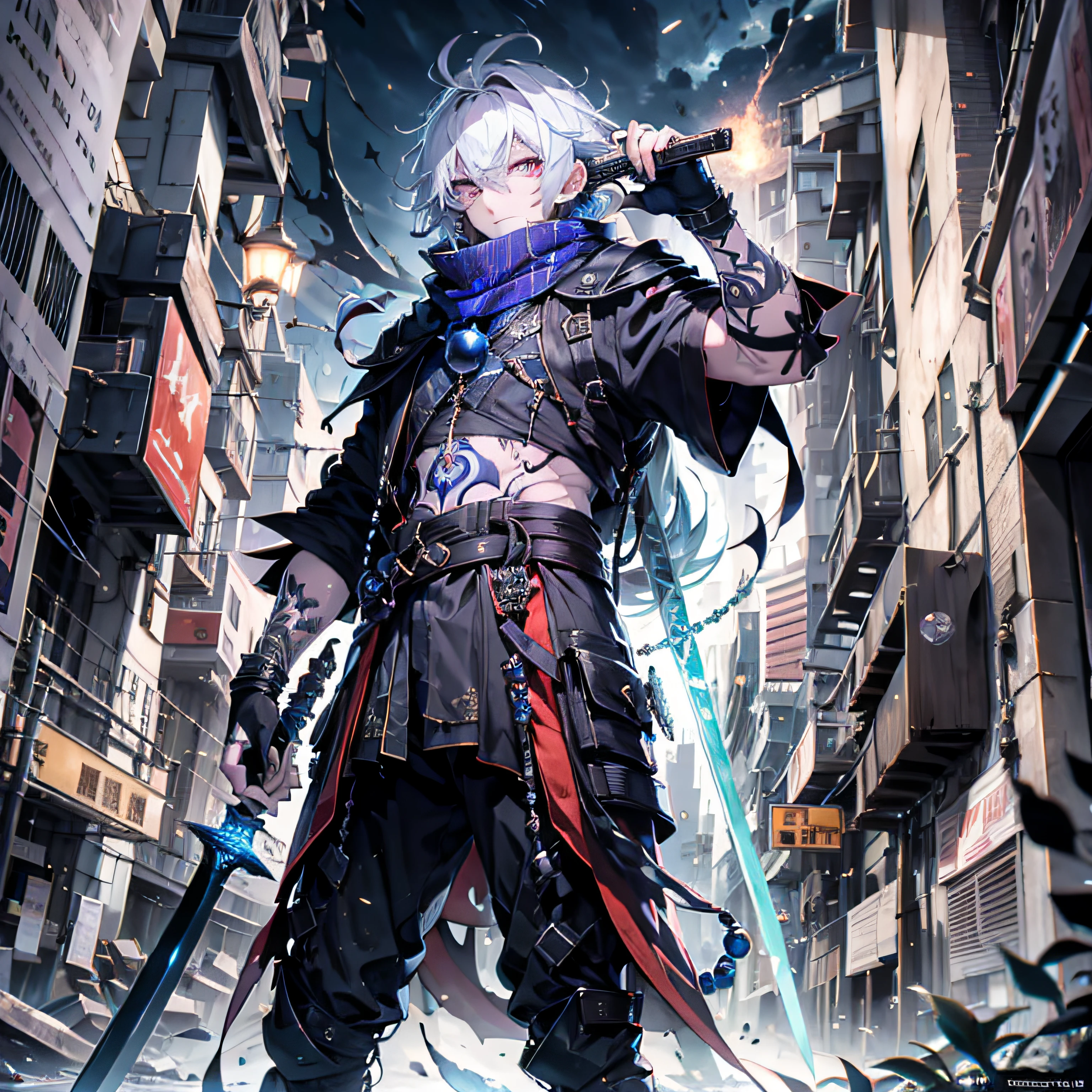 Holding a blue bead in his hand,Holding a blue bead in his hand(absurderes,High- sharpness,ultra - detailed), tmasterpiece, best qualtiy, 独奏, A boy with long white hair, red white robe, Handsome, Fine Eye, Fine Eye, finely eyes, Bright red eyes, 详细的脸, Black scarf, bared chest, carry two swords, dual swords, Tattooed with, from below, looking down below, Ruined city, background inside dark, swirles, spark of light,Holding a blue bead in his hand