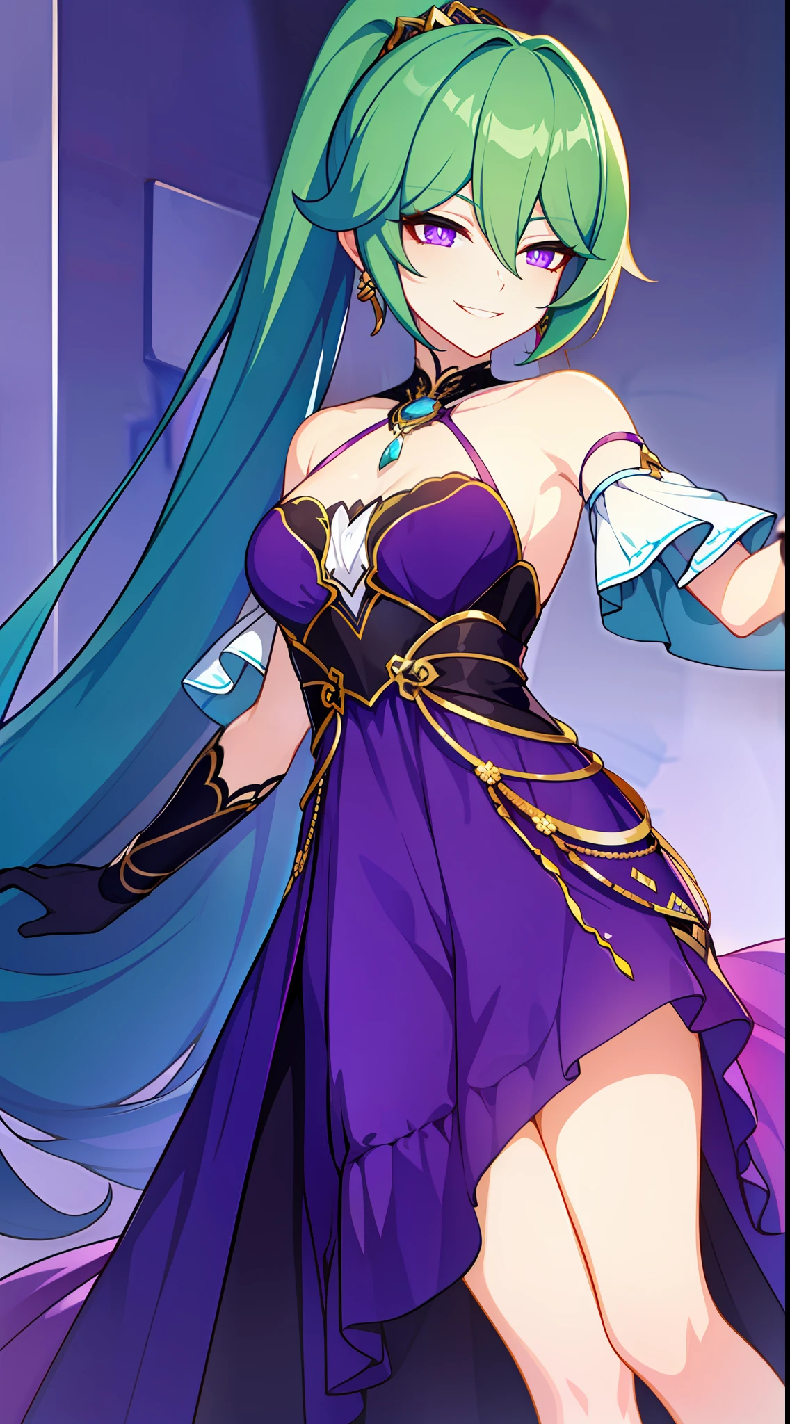 young girl, long turquoise hair, high ponytail, violet eyes, Purple rich dress, open shoulders, smirk, Masterpiece, hiquality
