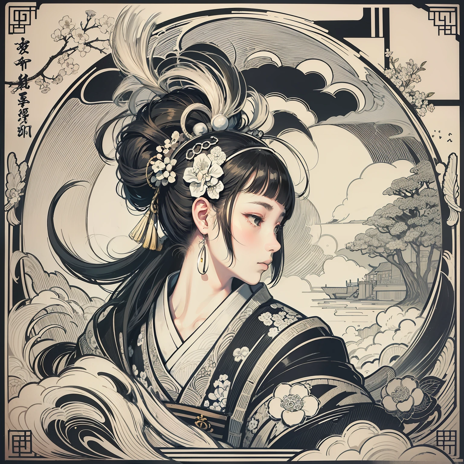 A logo、games 、kawaii、ukiyoe painting、jpn、white and black、It features a simple、ultra-detailliert、Detailed drawing、vectorized、silhuette、8K、Beautie、Wistful expression