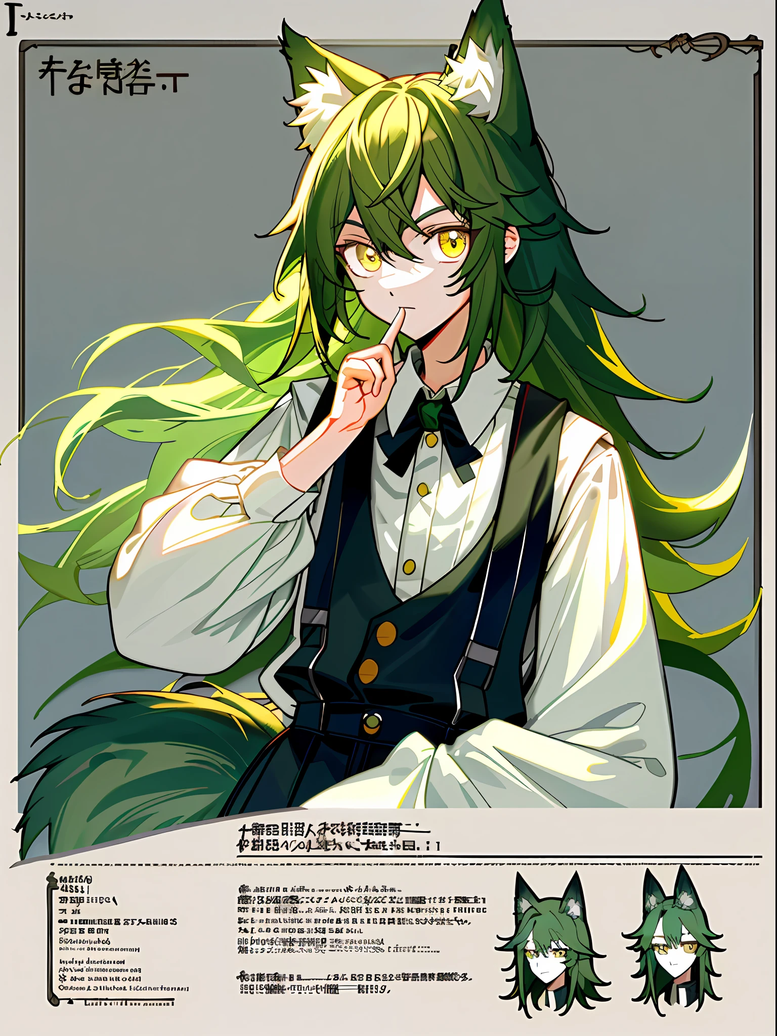 (tmasterpiece:1.2),(best qualtiy:1.2), white shirt, Black skinny suspenders,Light green hair, Mullet head, Yellow eyes, Wolf ears,Wolf tail, expressiveless,orthofacial,Pose,looking at viewert,Elaborate Eyes,Detailed skin,reference sheet,k hd,tmasterpiece,super detailing, (best qualtiy, A high resolution),Ultra-high pixel,ultraclear,32K,CGMokadon Pop ----Niji 5