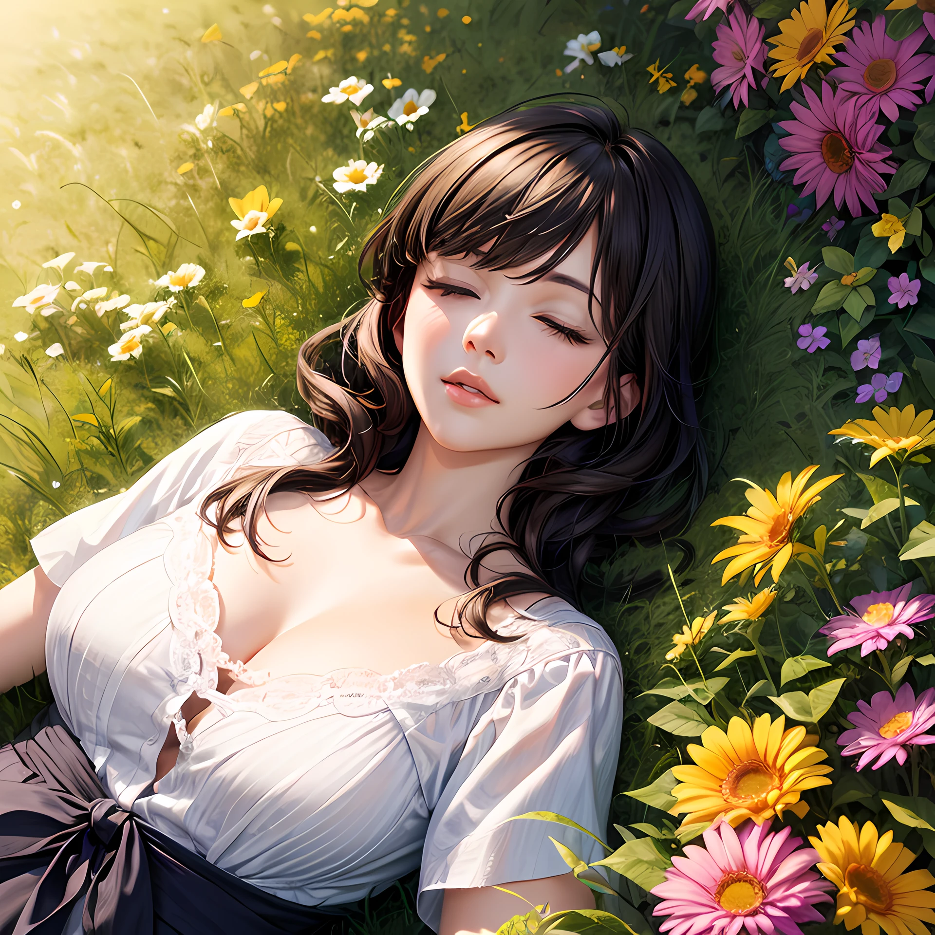 (masterpiece, best quality), photorealistic illustration, from above, mature woman, summer light dress, lawn, picnic, taking a nap, flower wall, colorful, darl background, complementary colors theme,