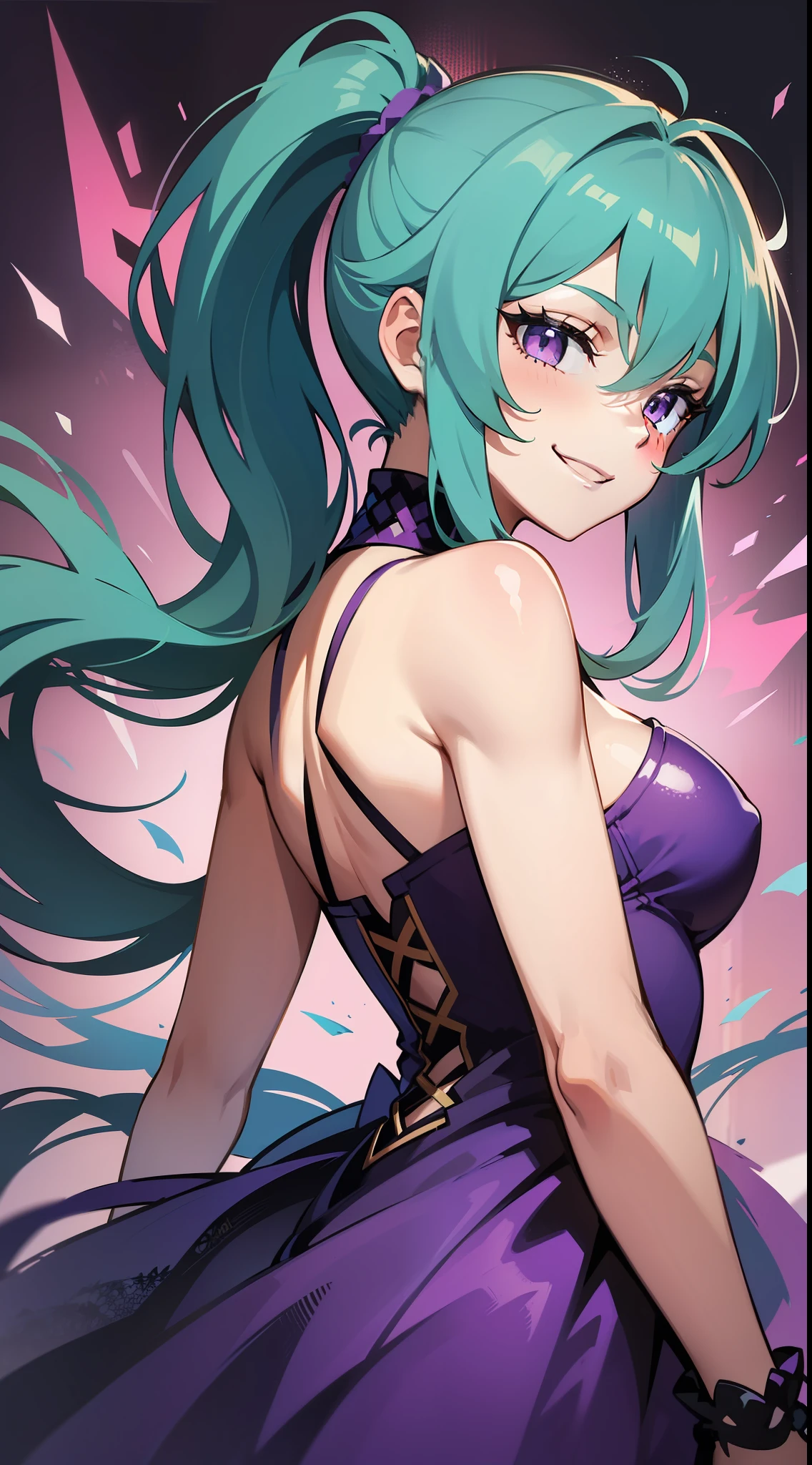 young girl, long turquoise hair, high ponytail, violet eyes, purple dress, open shoulders, smirk, Fighting spirit behind your back, Masterpiece, hiquality
