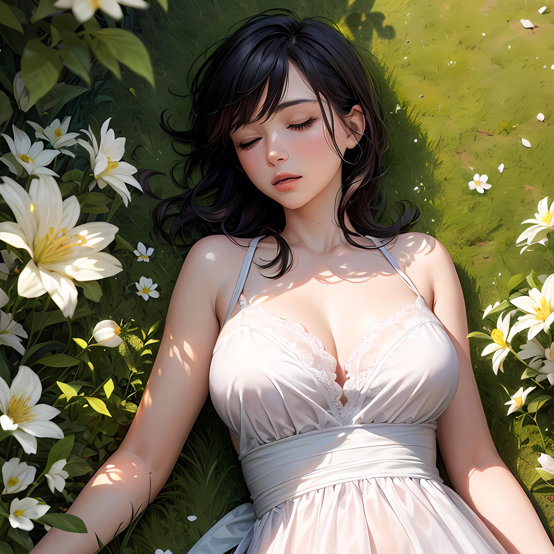 (masterpiece, best quality), photorealistic illustration, from above, mature woman, summer light dress, lawn, picnic, taking a nap, flower wall, colorful, darl background, complementary colors theme,