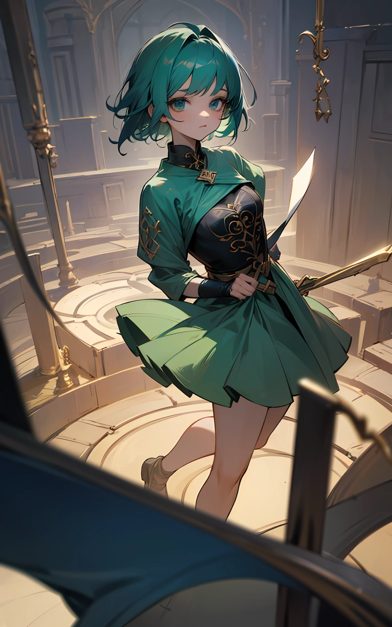 Green short hair、Dark Labyrinth、a beauty girl、Reveal clothing、