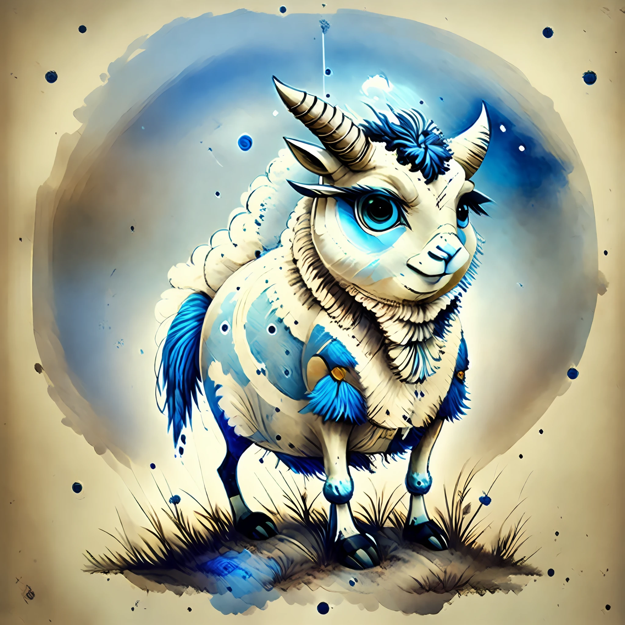 Bipedal creature resembling a white-blue sheep, blue-gray wool, one giant eye, wacky expression, a horn, ghostly limbs, floating around a graveyard at dawn, masterpiece, best quality