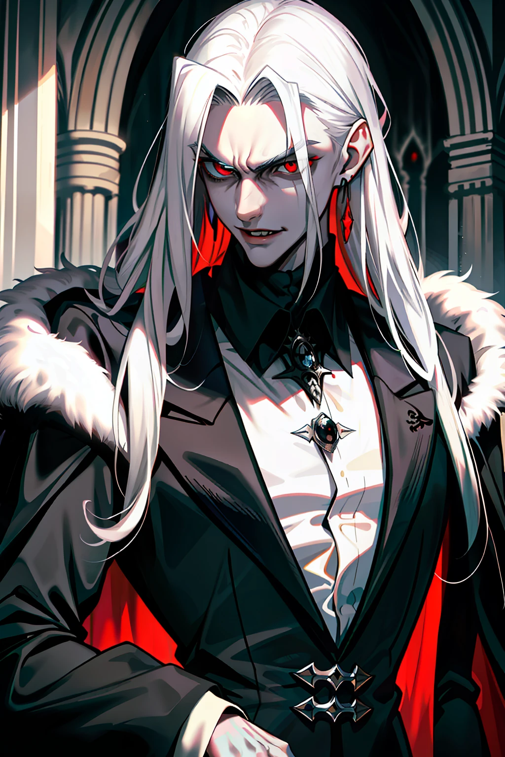 (High detail, Gothic art, Masterpiece, Best quality) Dracula is portrayed as a tall being, Measure about 1.90 meters high. His appearance is slim but imposing, With a majestic presence that is revered and awe-inspiring. Its skin is pale,Almost translucent, Give it a corpse and otherworldly appearance. Its face is angular,sharpest, Protruding cheekbones,The lower jaw is well defined. with very thin lips,Slightly purple, Complement the vampire aspect. Dracula's eyes were a rich red, Exudes an otherworldly glow,Reflects his dark nature. The eyebrows are thin and arched, Add a severity expression for its feature. Her long, The hairy hair is silvery-white, Reach for her shoulder. The strands are thick and tangled, Give it a wild and challenging look. In stark contrast to her pale skin, White hair reinforces her vampire image. Dracula is known for his long stories, Pointed beard, This gave him an air of ancestral wisdom. His beard, Just like his hair, Fair and unkempt, Complements his imposing presence. As for dress, Dracula is often depicted dressed in long strips, Bulky black robes. The cloak is made of dark color, Heavy fabric, Extends to the ground. It wrapped Dracula's body, Give it an air of majesty and mystery. The mantle is high, Hard collar, Adding a touch of elegance and antiques to its exterior. Under the cloak, Dracula is wearing a dark formal suit, Usually consists of a turtleneck shirt and a vest. The costume adapts to his body, Emphasize his slim aristocratic figure. In addition, Dracula bared sharp and menacing fangs, Typical of vampires. When he is bloodthirsty or emotional,They will stick out of his mouth, It adds a touch of terror to his appearance.