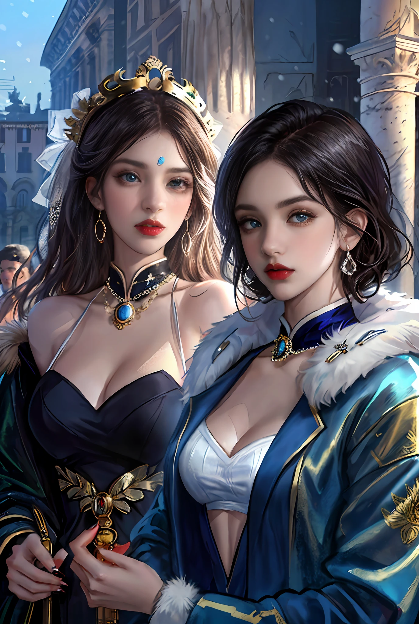 (Positive focus, Original photo), (2girls,duo,navel,At the Pantheon in Rome,crowd,winter,Snowy),Surrealistic Female Portraits by David Hockney and Alphonse Mucha, Fantasy art,Wear gorgeous furs, (Blue pupil: 1.4, shiny pupils: 1.4, Big eyes: 1.1), Photo fidelity, Dynamic lighting, Art Station, poster for, voluminetric lighting, Very detailed face, 4K, Award-winning, Shadows, understated, (official outfit: 1.4, Gorgeous fur, Complex clothing, Furs), Looking at the camera, Bust Up Shot, (Realistic face)),