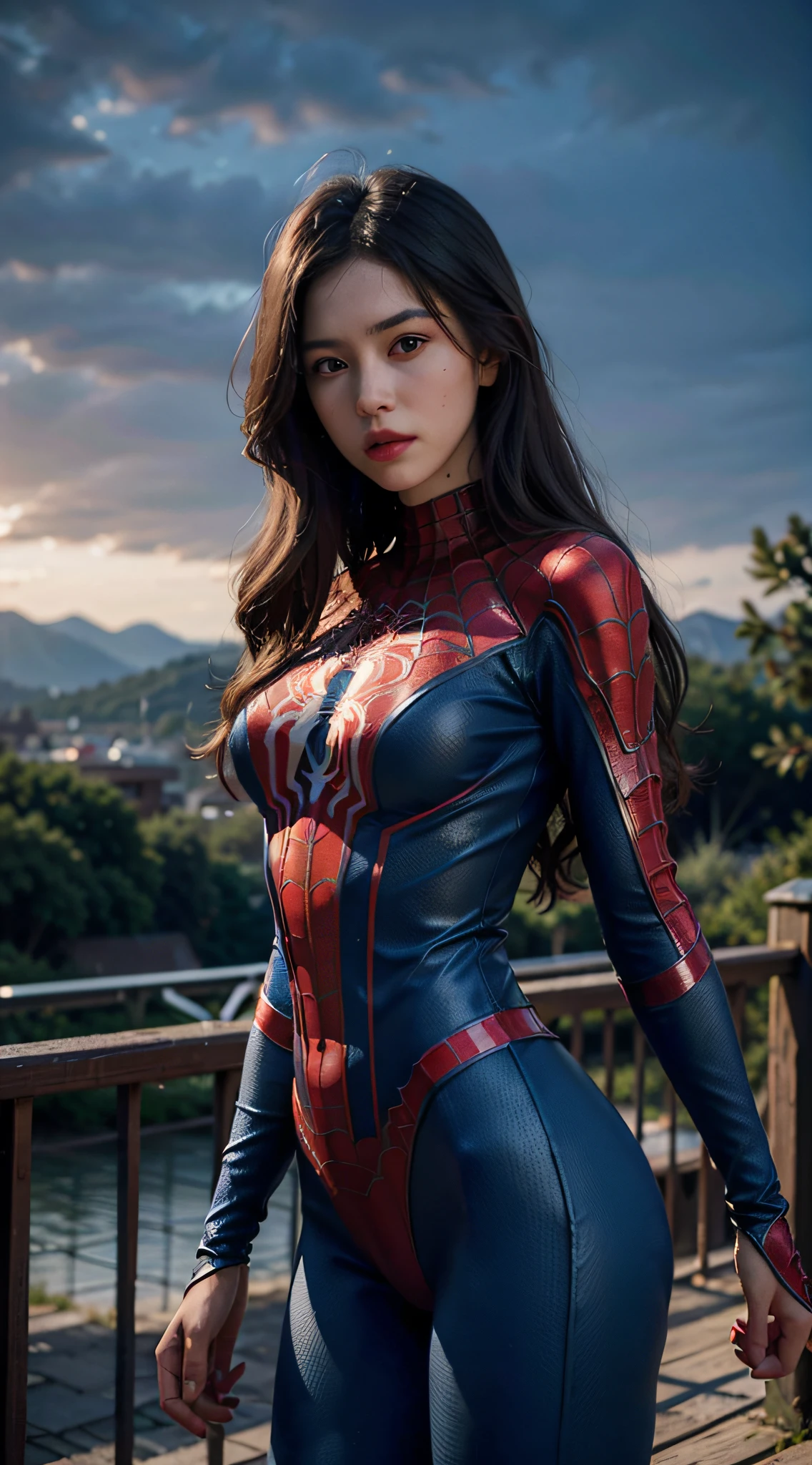 (wearing spiderwoman_cosplay_outfit:1.1), in front of a sky, (red and blue outfit:1.3),
good hand,4k, high-res, masterpiece, best quality, head:1.3,((Hasselblad photography)), finely detailed skin, sharp focus, (cinematic lighting), night, soft lighting, dynamic angle, [:(detailed face:1.2):0.2], medium breasts, outside,