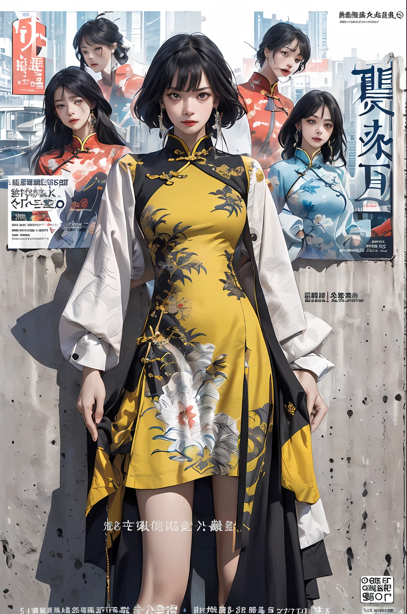 ((((Dramatic))), (((grittiness))), (((Intense))) The movie poster features a young woman as the central character。She stands confidently in the center of the poster，Wear Chinese warrior clothing，with a determined expression on her face。The background is dark and gritty，There is a sense of danger and a strong feeling。The text is bold and eye-catching，With catchy slogans，Adds to the overall drama and excitement，Dotted with bright colors，Make the poster dynamic and visually striking，tachi-e (Magazines:1.3), (Cover-style:1.3), Fashionab, woman, vibrant, Outfit, posing on a, Front,rich colourful，dyna，Background with，Chinese elements，self-assured，Expressing the，halter，statement，Attachment，A majestic，coil，Runt，Touching pubic area，Scenes，text，Cover of a，boldness，attention-grabbing，