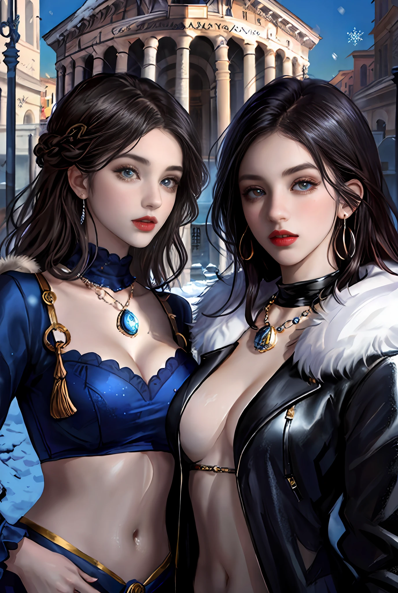 (Positive focus, Original photo), (2girls,duo,navel,At the Pantheon in Rome,crowd,winter,Snowy),Surrealistic Female Portraits by David Hockney and Alphonse Mucha, Fantasy art,Wear gorgeous furs, (Blue pupil: 1.4, shiny pupils: 1.4, Big eyes: 1.1), Photo fidelity, Dynamic lighting, Art Station, poster for, voluminetric lighting, Very detailed face, 4K, Award-winning, Shadows, understated, (official outfit: 1.4, Gorgeous fur, Complex clothing, Furs), Looking at the camera, Bust Up Shot, (Realistic face)),